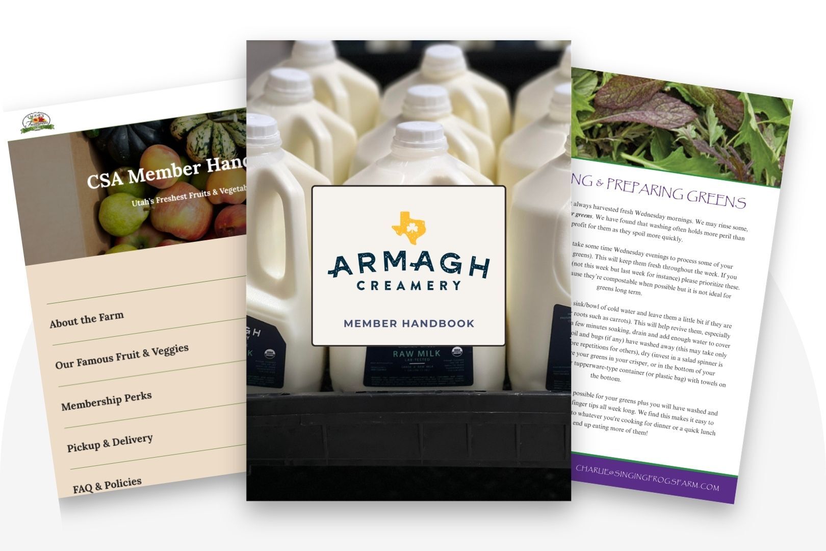 Member handbook covers from Tagge's, Armagh Creamery, and Singing Frogs Farm