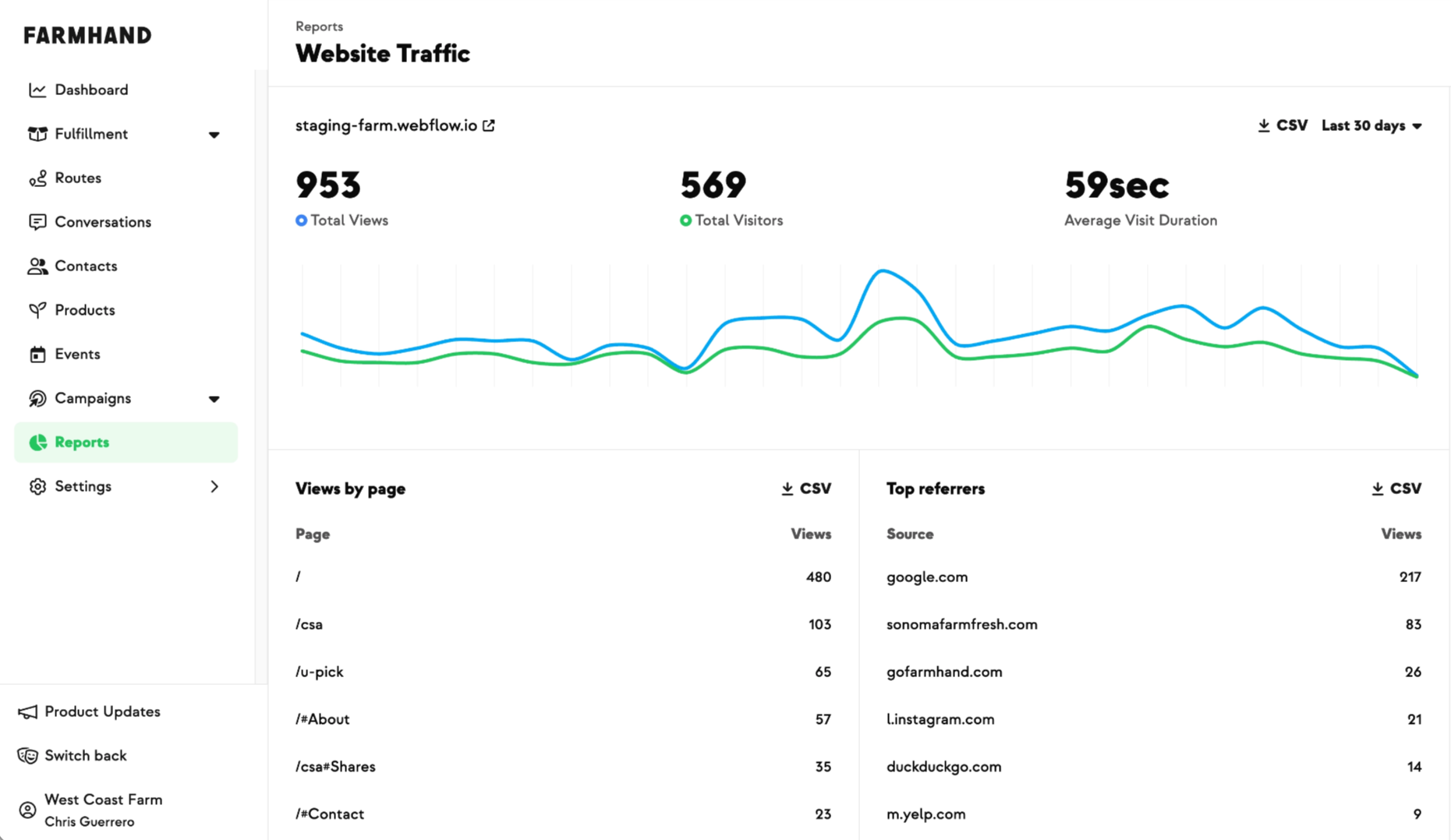 Website Traffic report showing total views, visitors, average visit duration, top pages, and top referrers