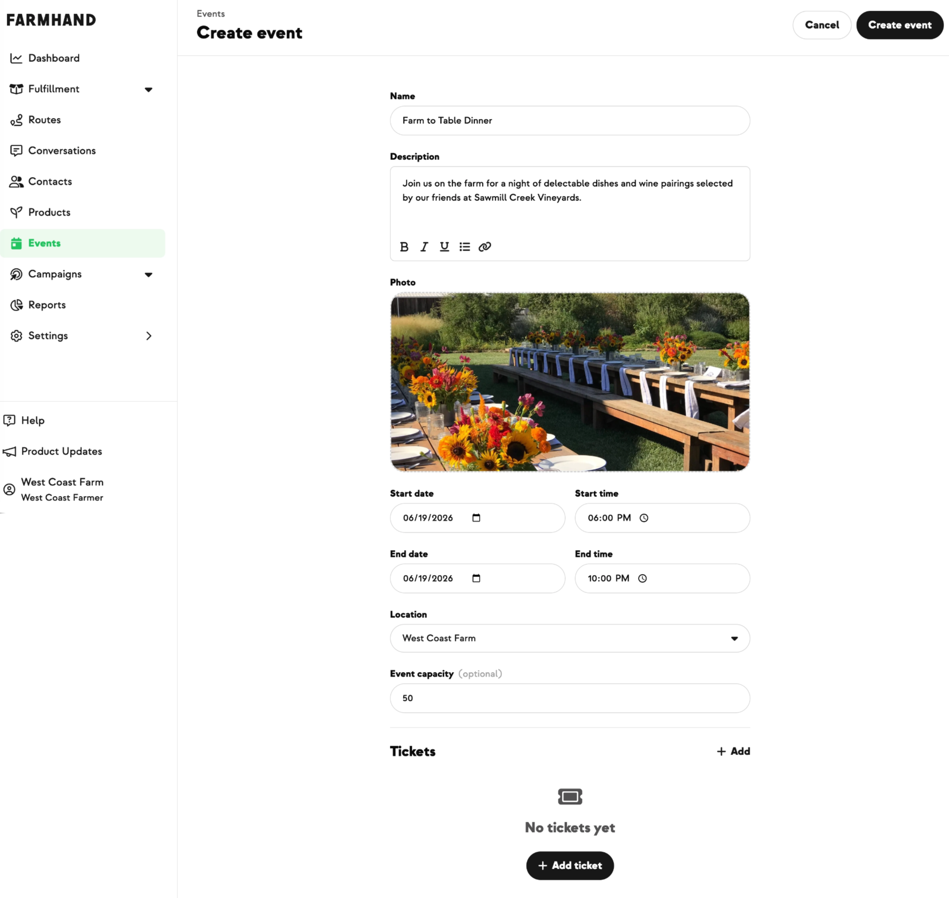 Creating an event from the farmer dashboard Events section