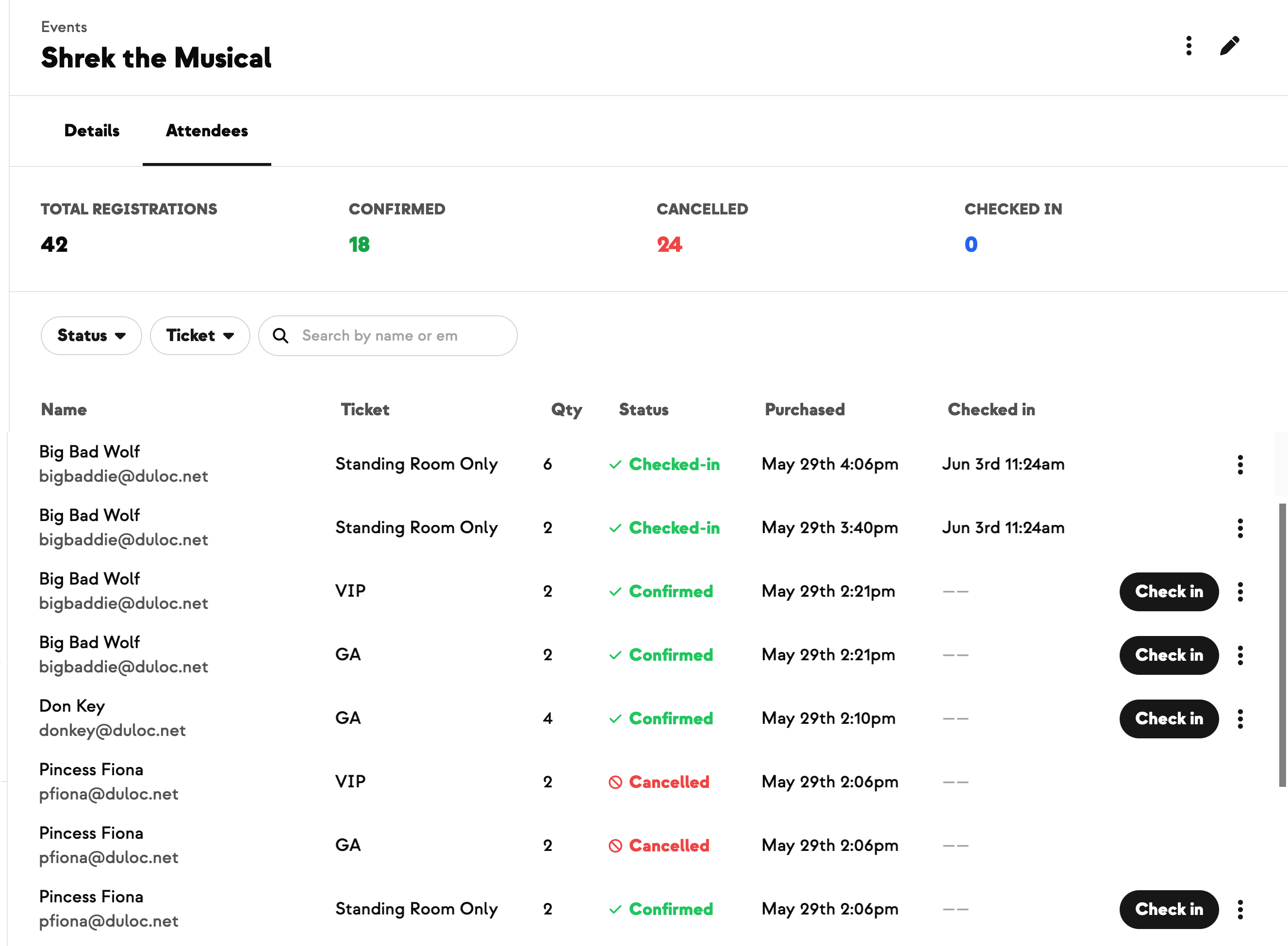 Registrations tab on an event showing the attendee list, stats, and filters