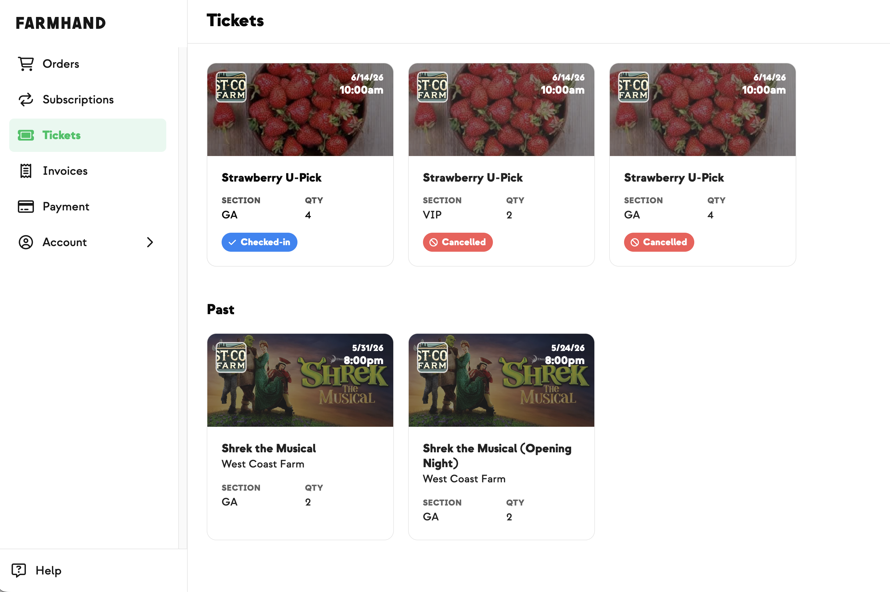 Customer My Tickets page with upcoming and past event registrations