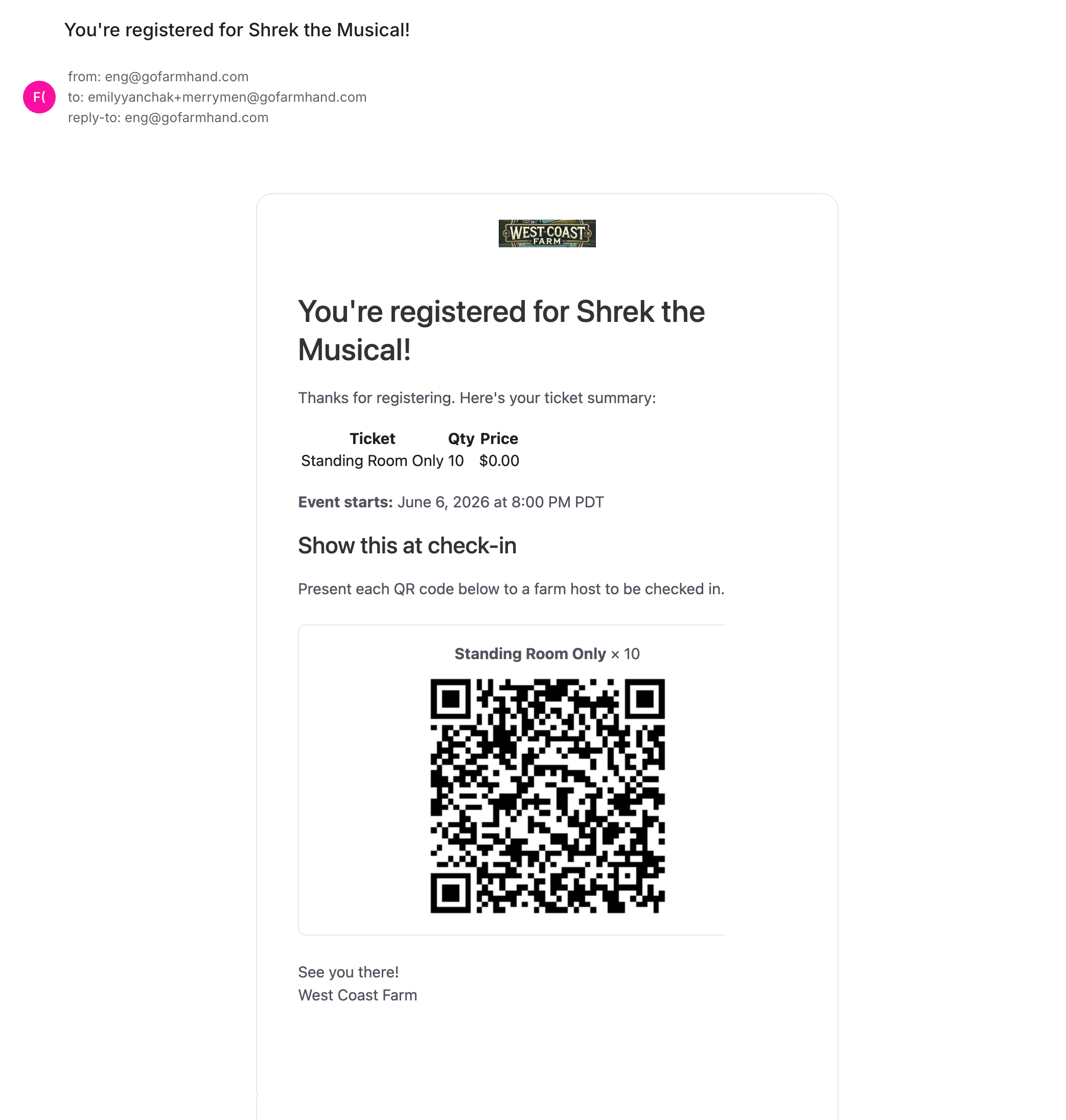 Ticket purchase confirmation email with a unique QR code for each registration