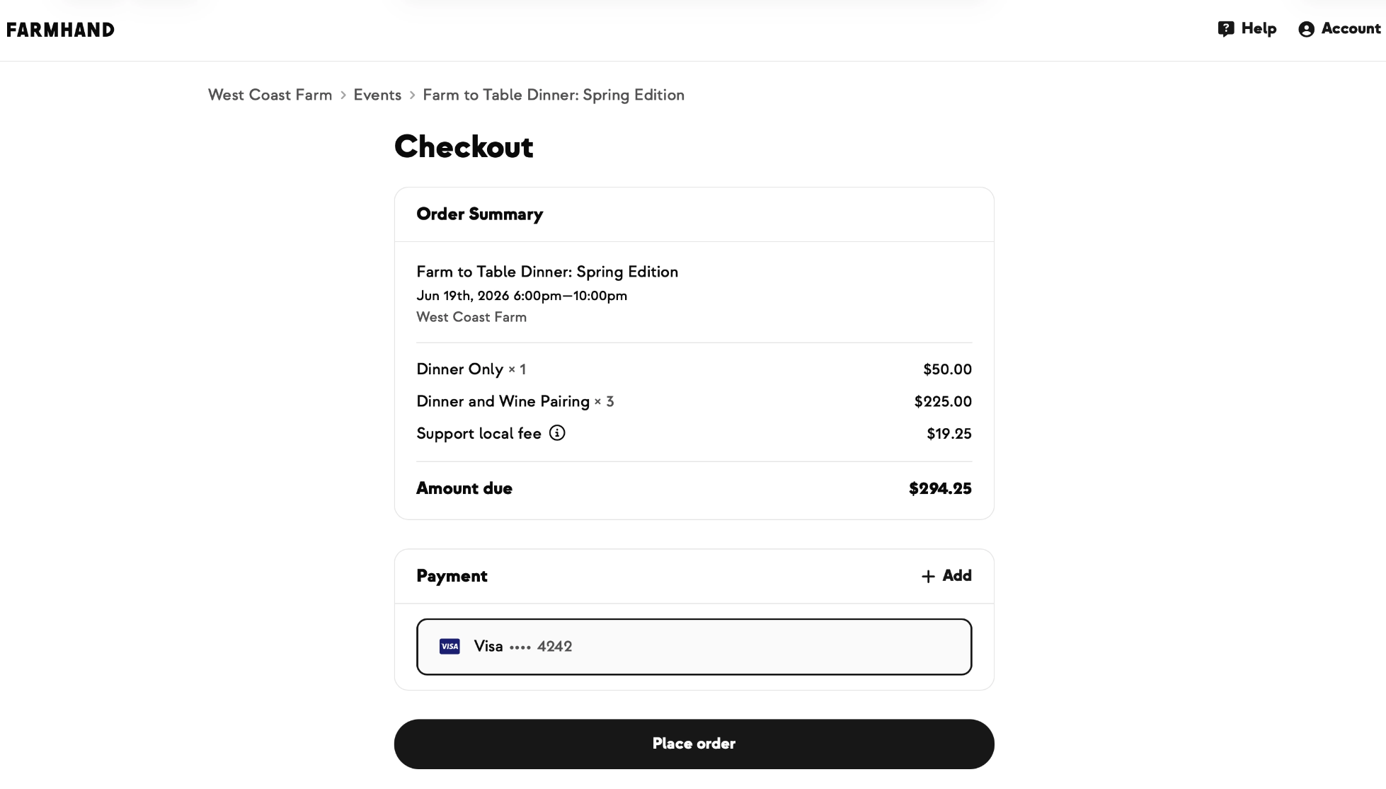 Dedicated ticket checkout for an event purchase