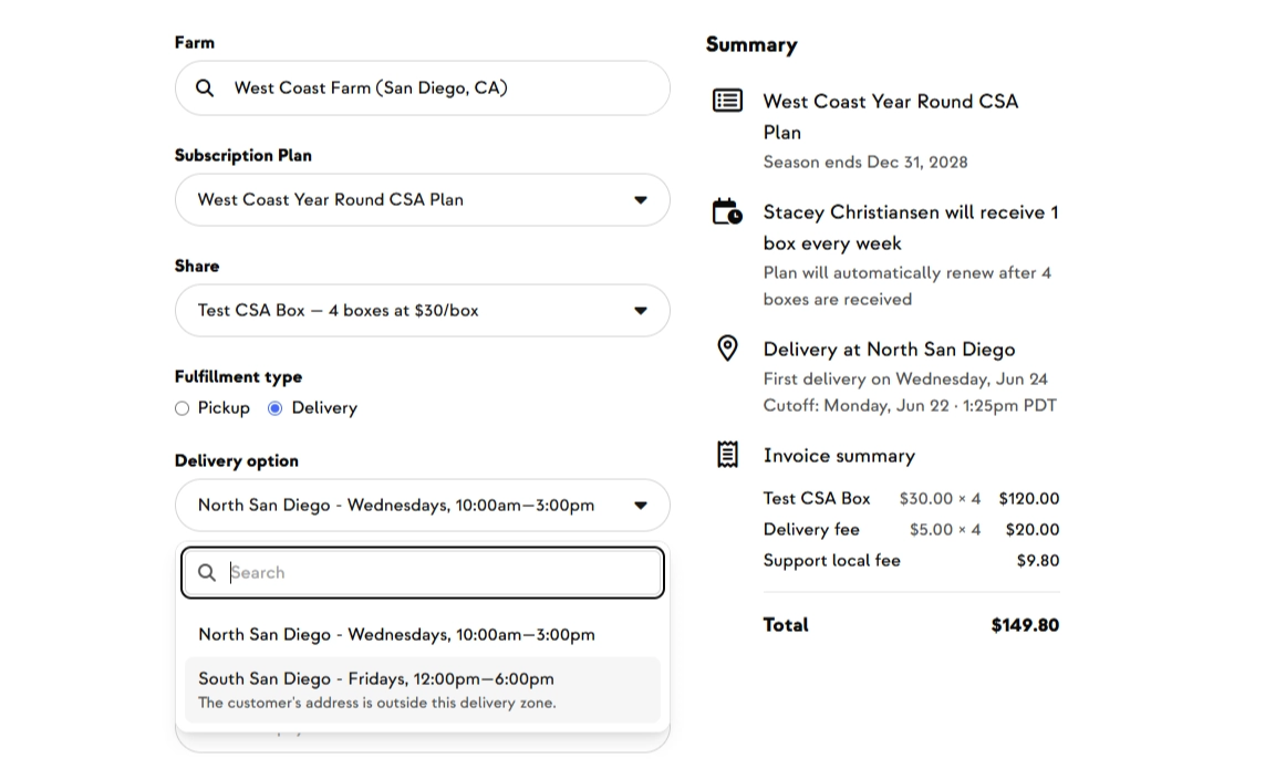 Create Subscription tool showing all delivery zones with an out-of-zone warning