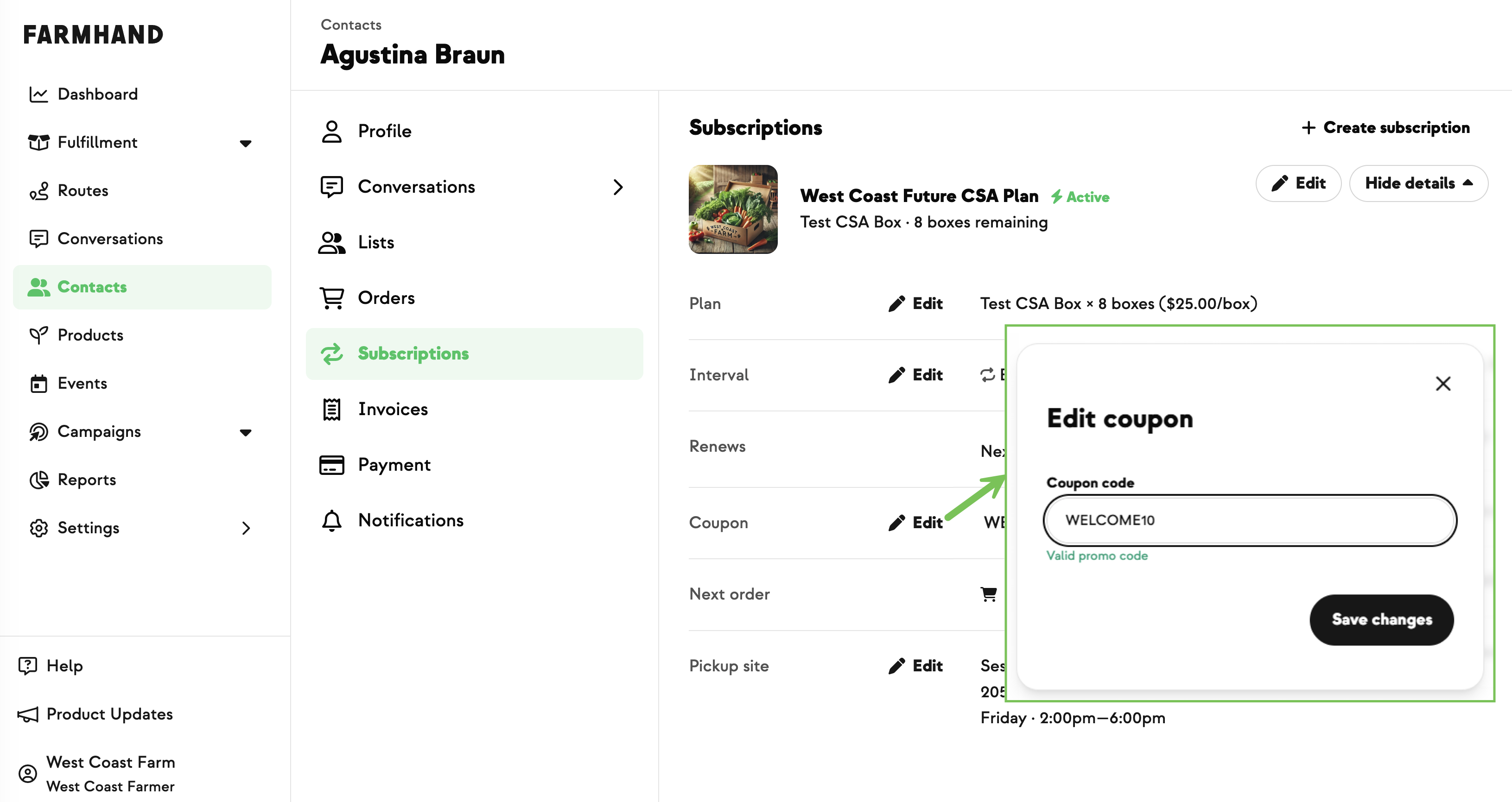 Coupon row on the subscription Subscriptions tab with an Edit action