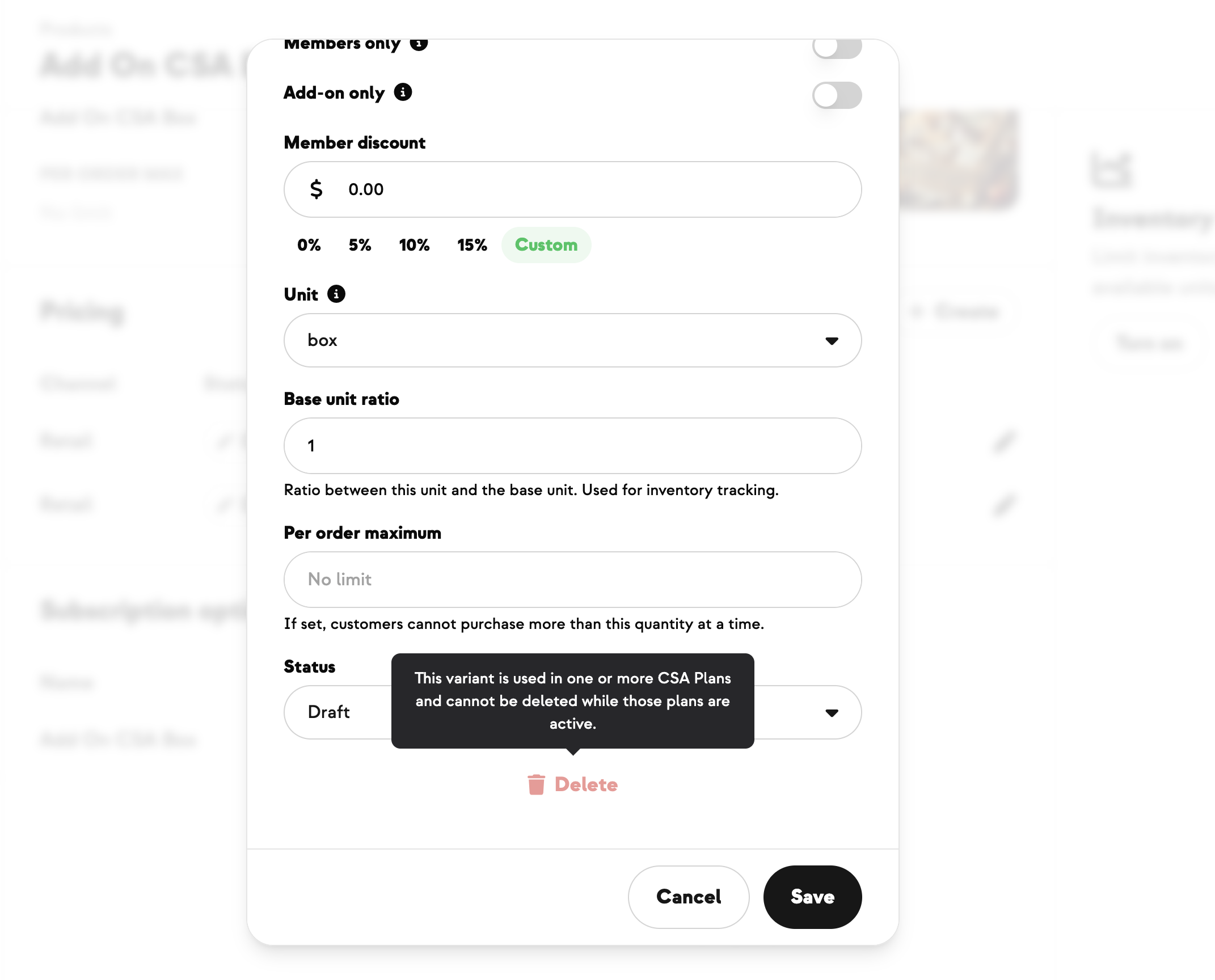 Disabled delete action on a CSA-linked product with an explanatory tooltip
