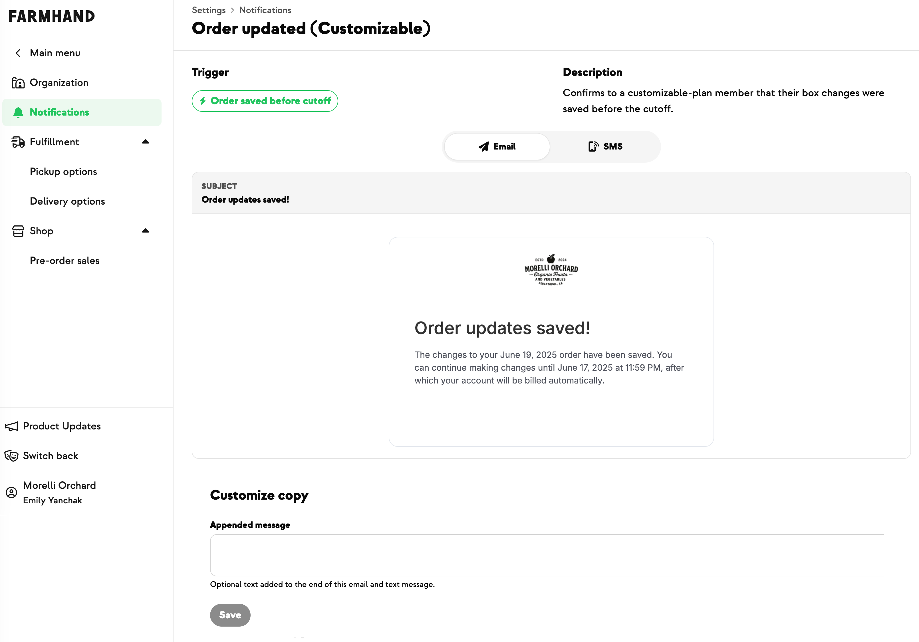 Order updates saved confirmation email showing fulfillment and cutoff dates
