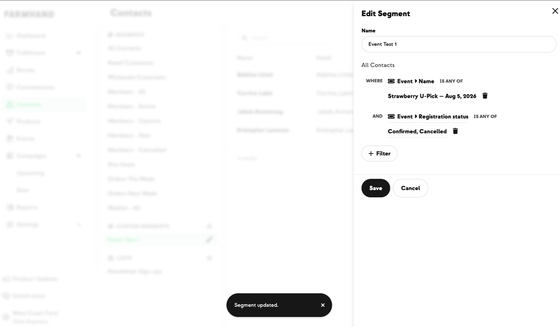 Campaign segment builder with Event audience type and registration status filter