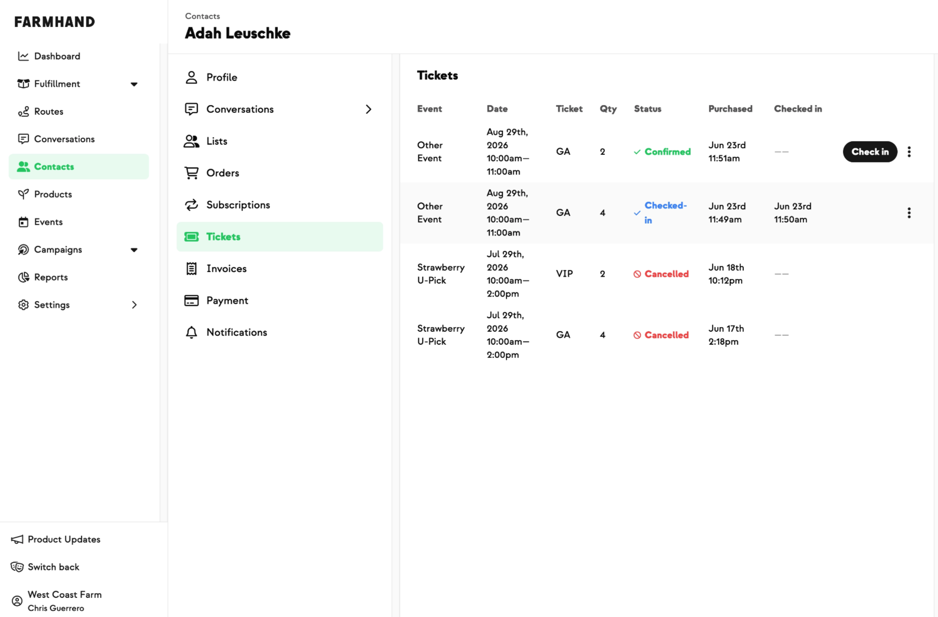 Tickets tab on a Customer details page listing event registrations with row actions