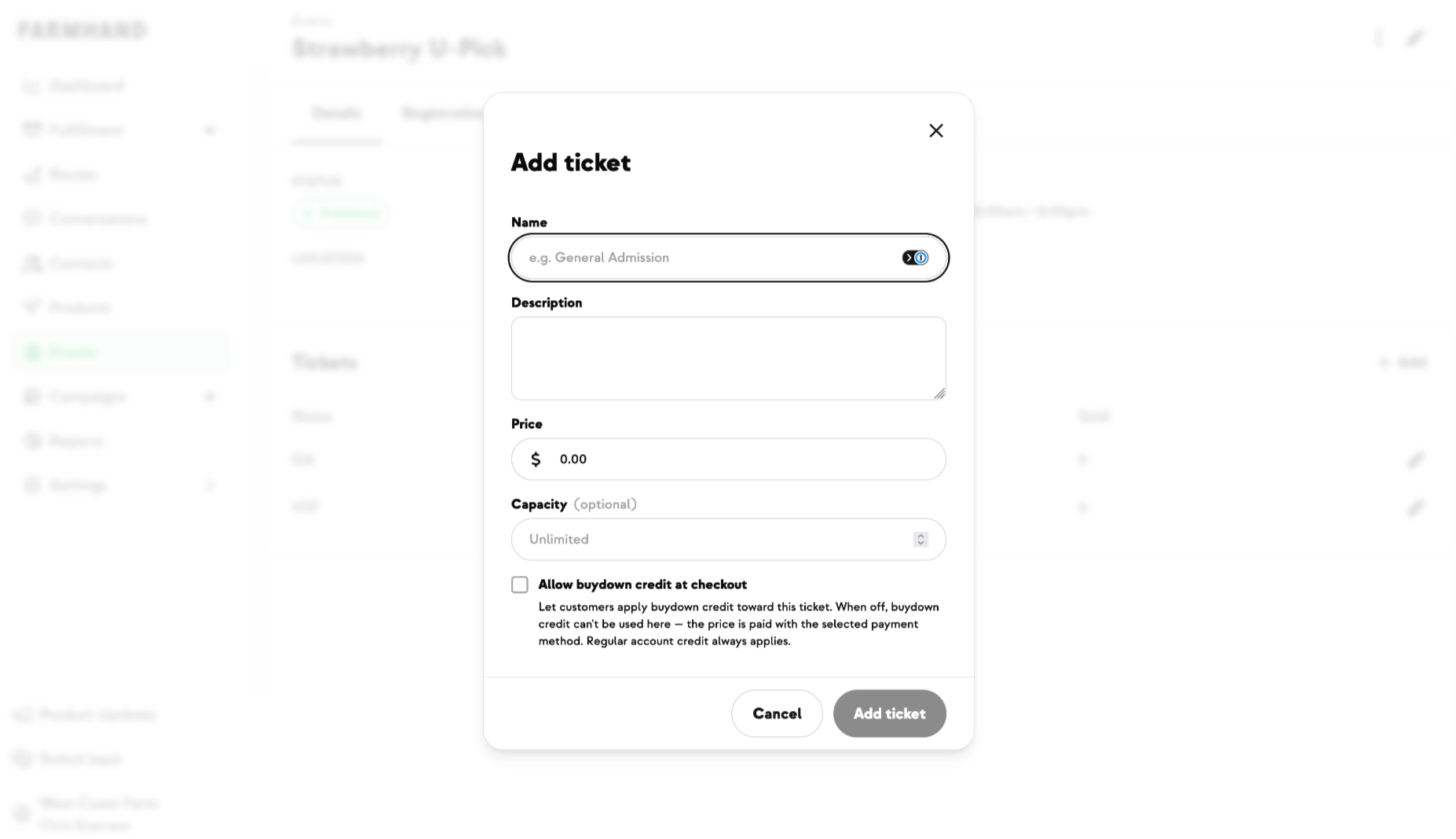 Allow buydown credit at checkout toggle on an event ticket tier