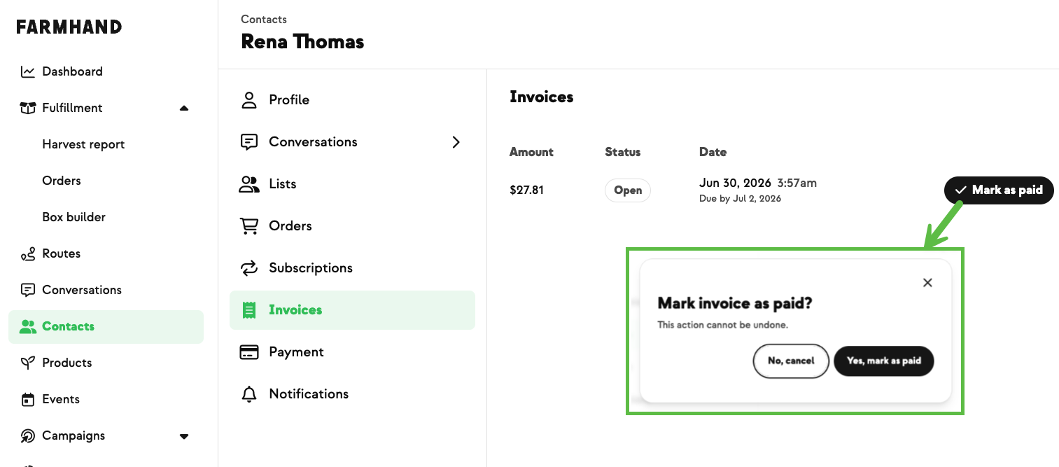 Farmer marking a cash or check invoice as paid from the customer invoices page
