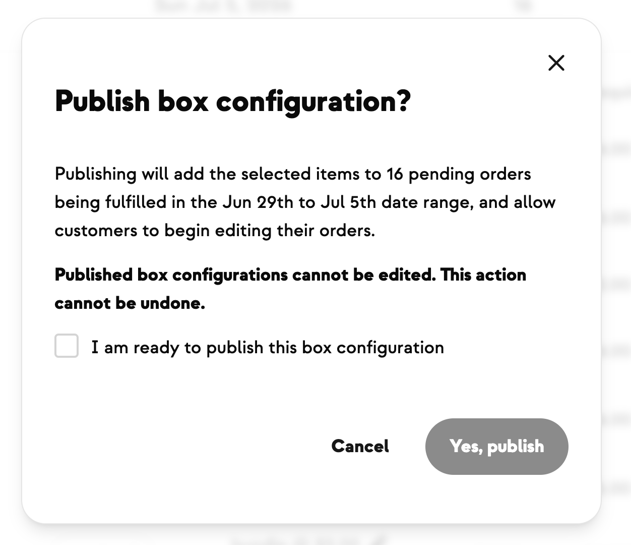 Redesigned publish confirmation dialog in the Box Builder