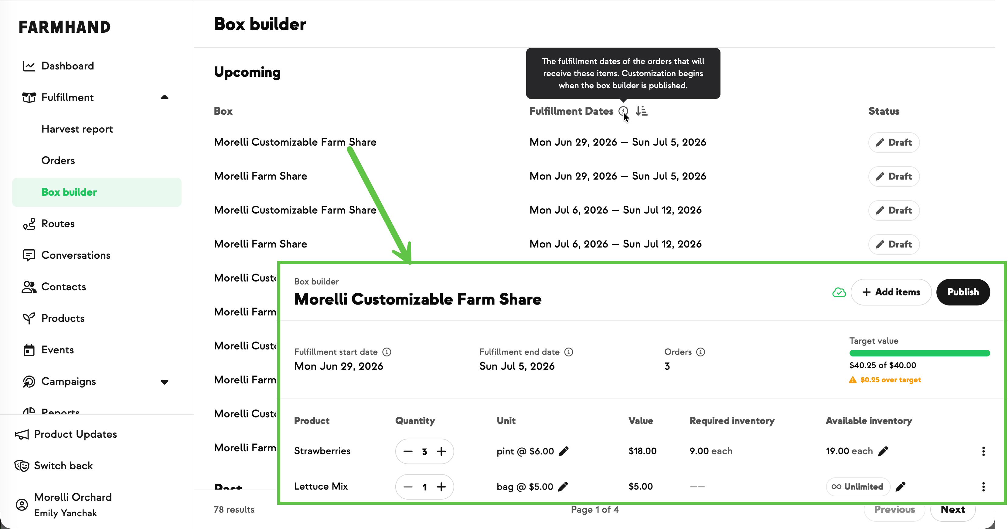 Box Builder list showing the new Fulfillment Dates column with info tooltips