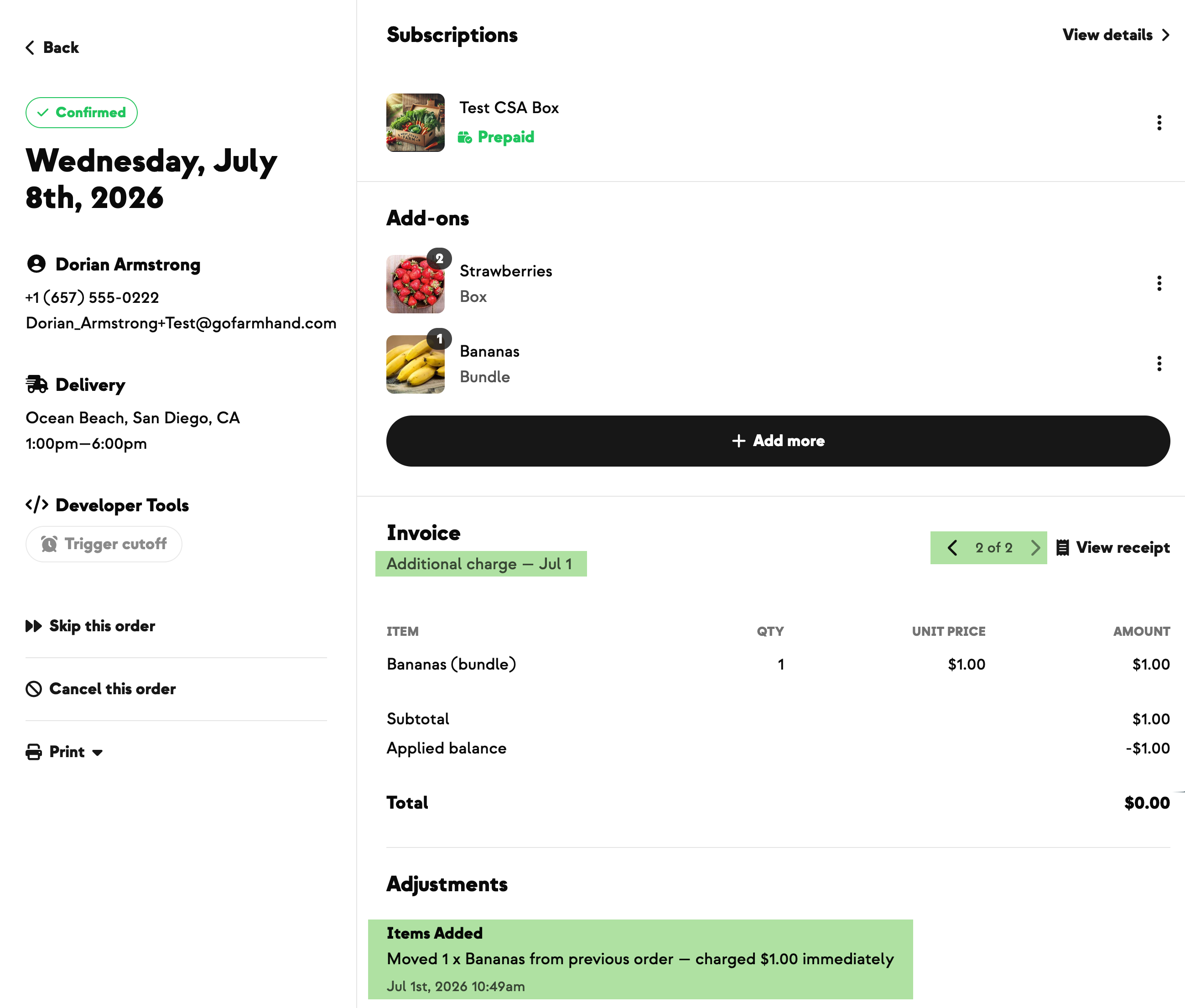 Move to Next Order dialog showing the credit applied so the customer's net cost is $0