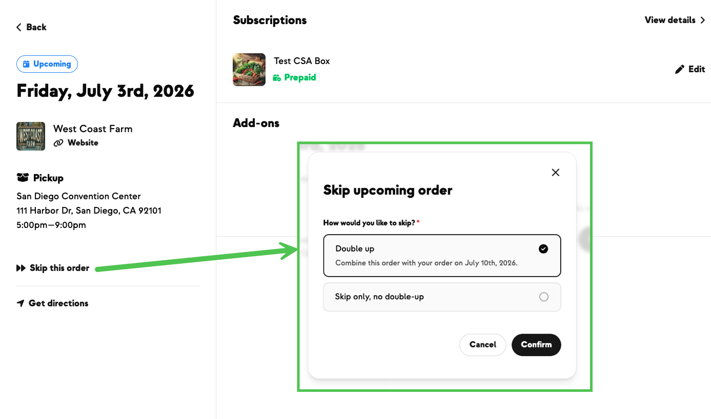 Skip dialog offering Double up or Skip only on an upcoming order