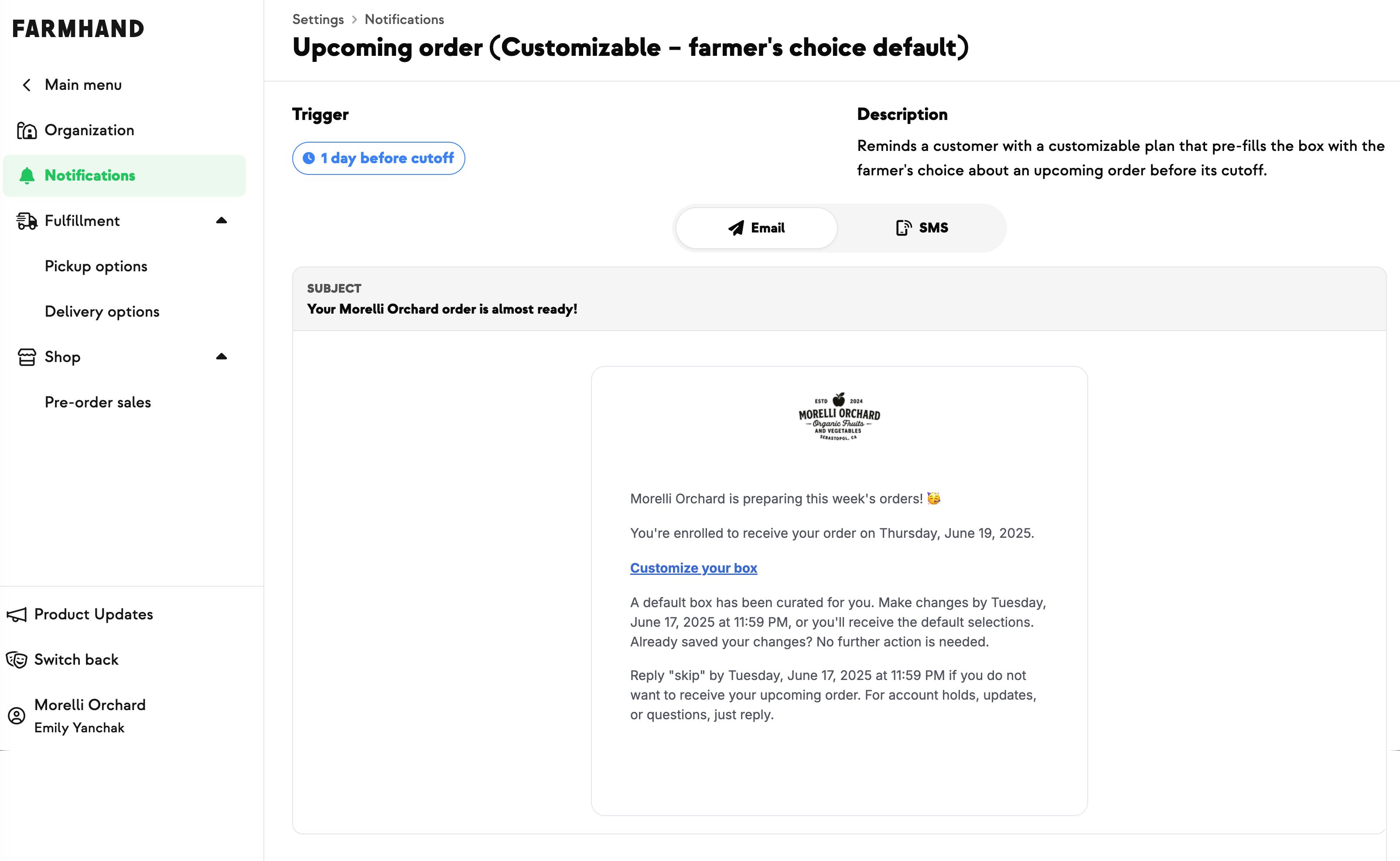 Friendlier upcoming order reminder email with reassuring wording and Customize your box link