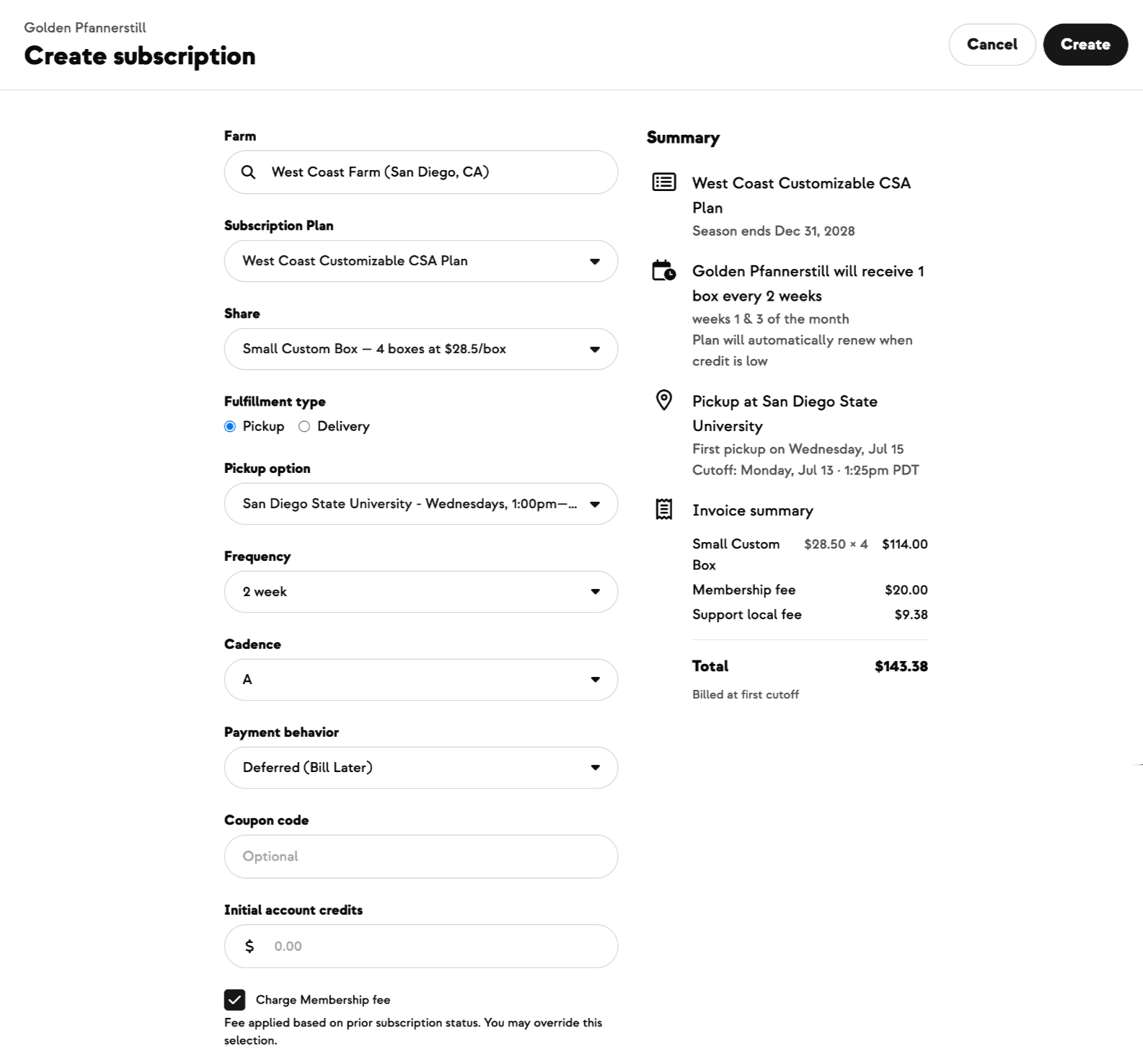 Create Subscription form showing the new charge/waive setup fee checkbox after Payment info