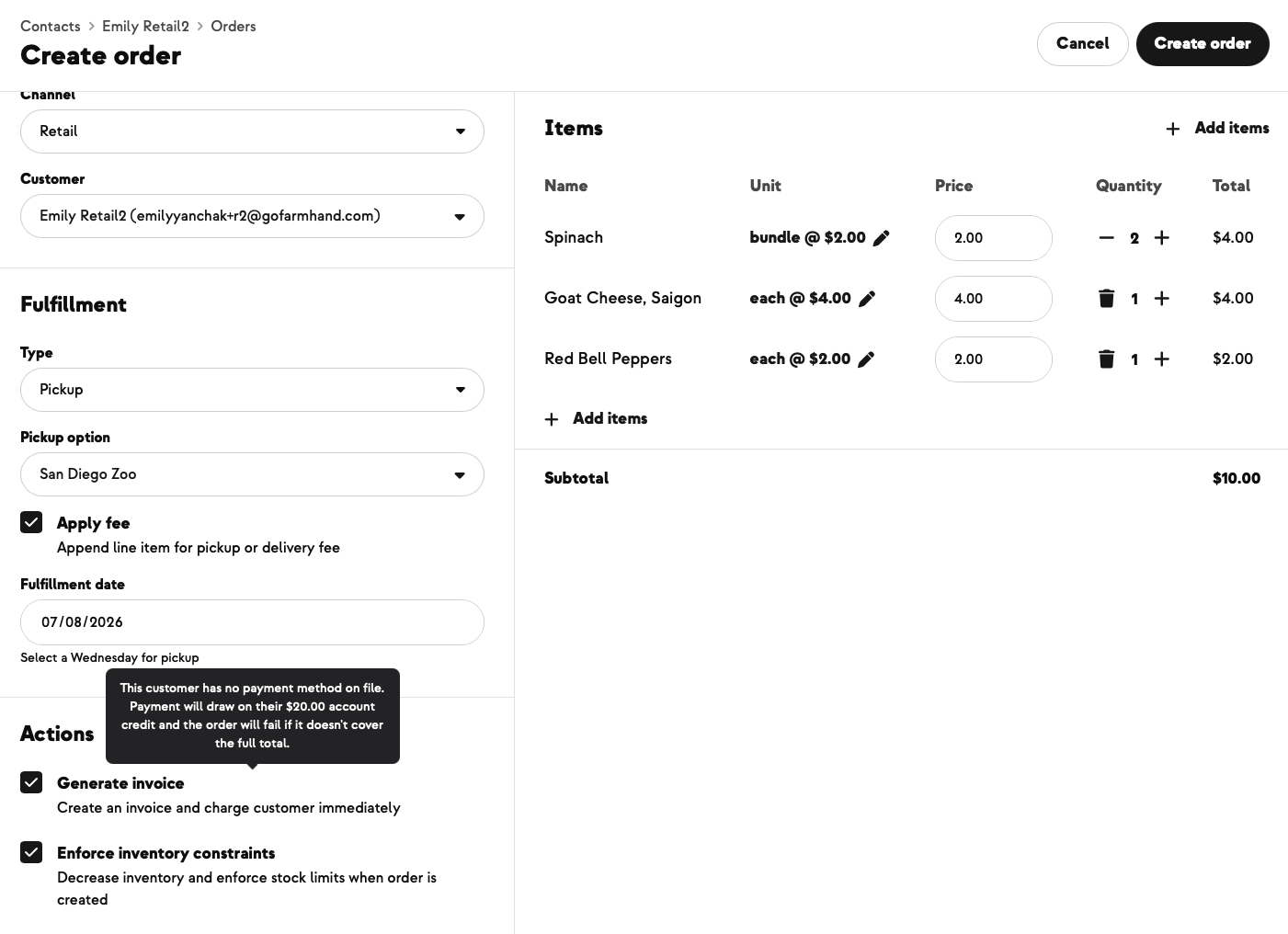 Create Order tool showing the Generate invoice option with a tooltip displaying the customer's available account credit