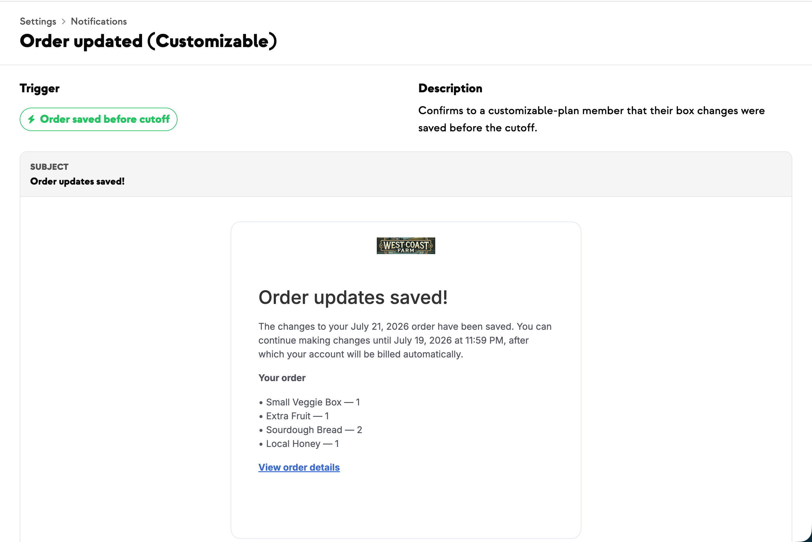 Order Updated email showing the full list of items on a member's order