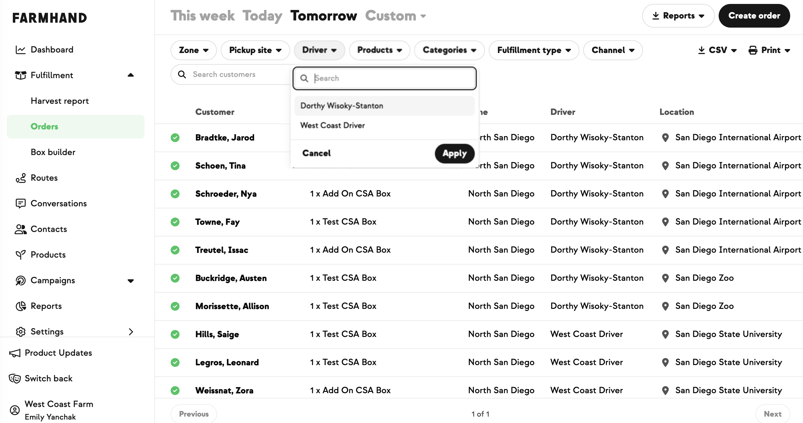 Fulfillment Orders report with a Driver column and Driver filter