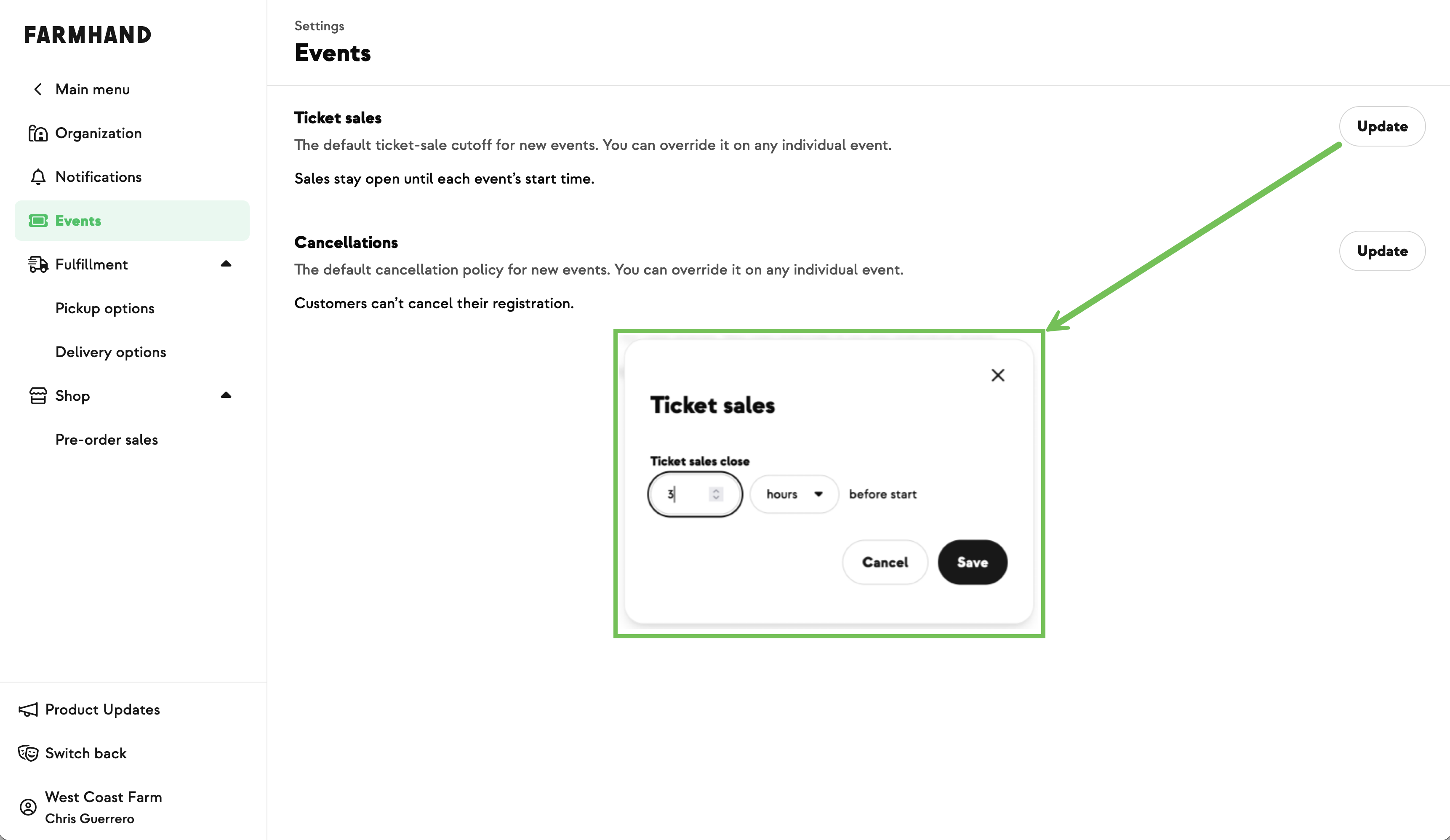 Farm event settings showing ticket-sale cutoff and cancellation policy options