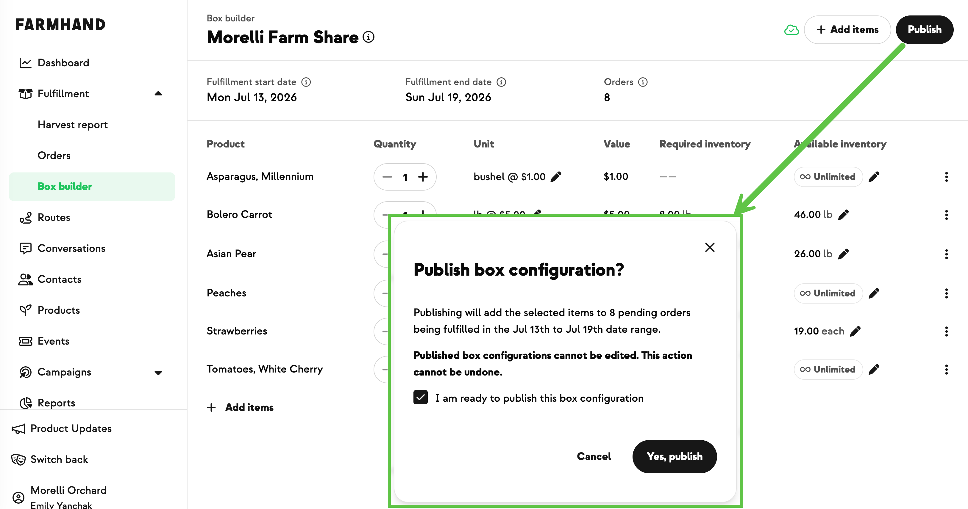 Box Builder Publish button and confirmation for a Farmer's Choice box