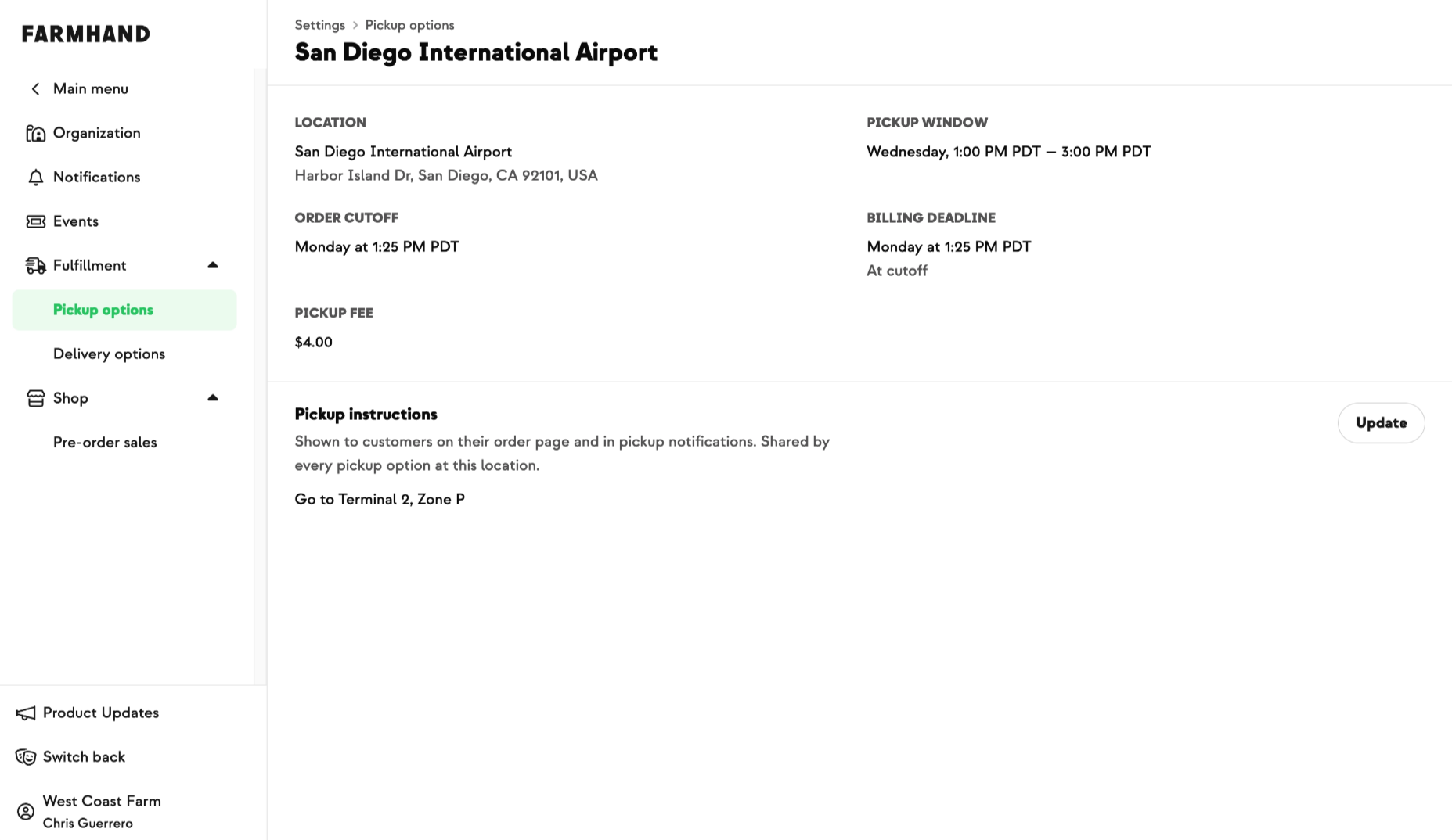 Pickup option detail page on the farmer dashboard with an editable instructions field