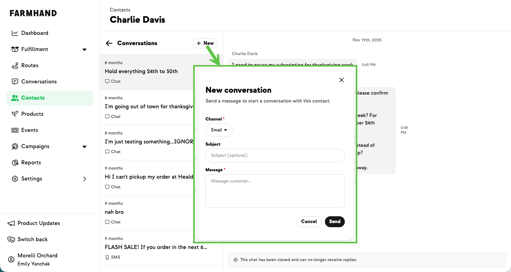 New conversation modal on a contact's Conversations tab