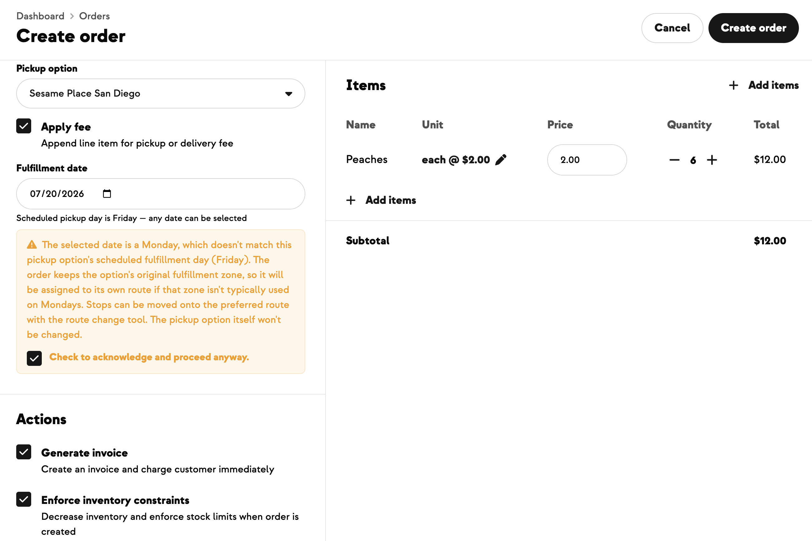 Create Order tool with an off-schedule date selected and the warning acknowledgement