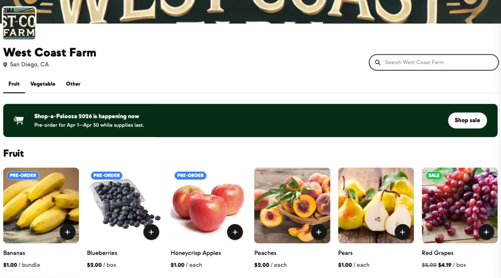 A farm shop showing a Pre-order sale banner and blue Pre-order badges on products