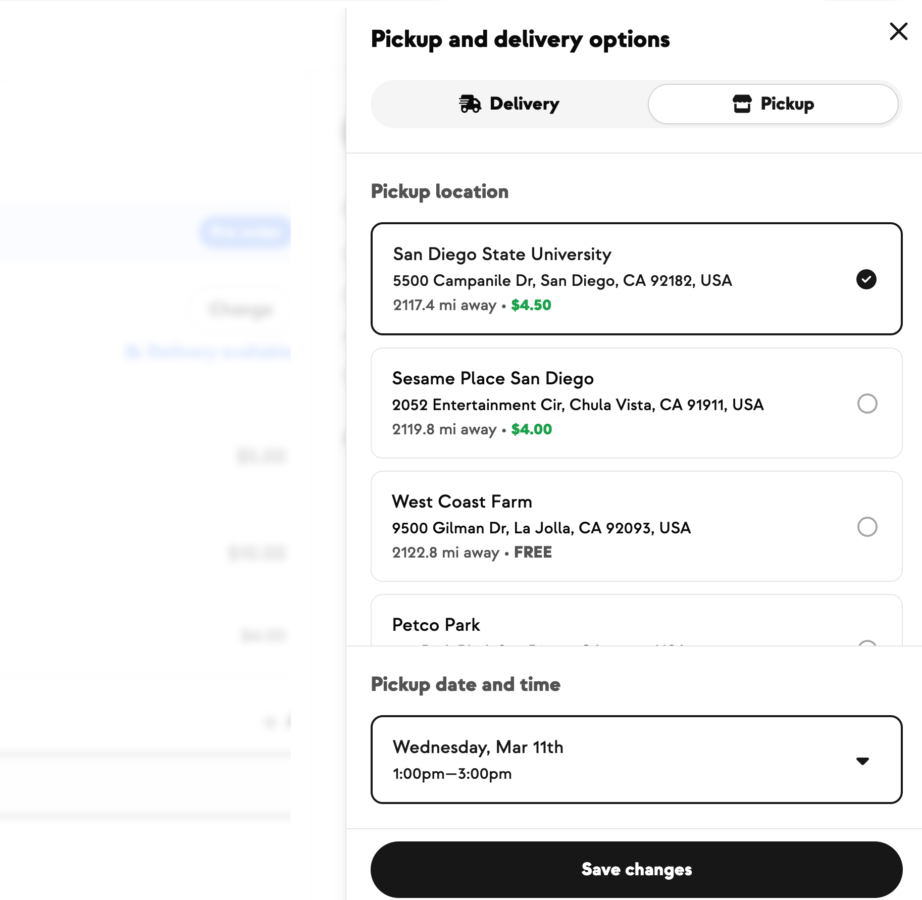 The Pickup and delivery options slideout at checkout with Delivery/Pickup and date selection