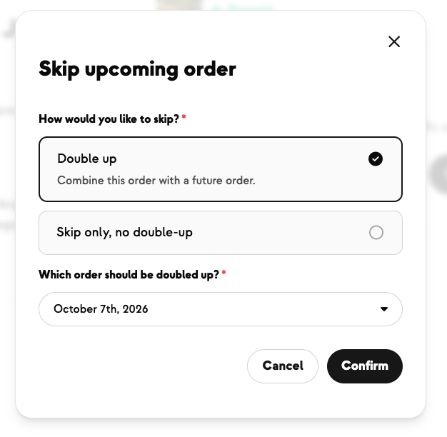 Member choosing a future delivery date to receive their doubled-up box