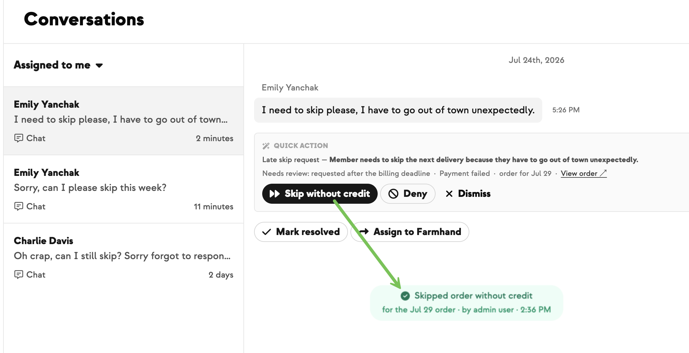 Farmer-facing skip and credit buttons inside a support conversation