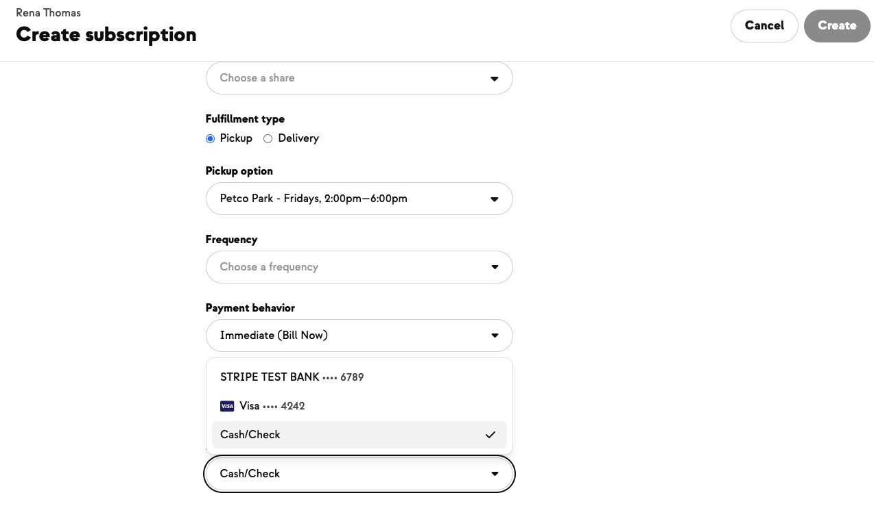 Create Subscription payment-method dropdown listing card, bank, and cash or check