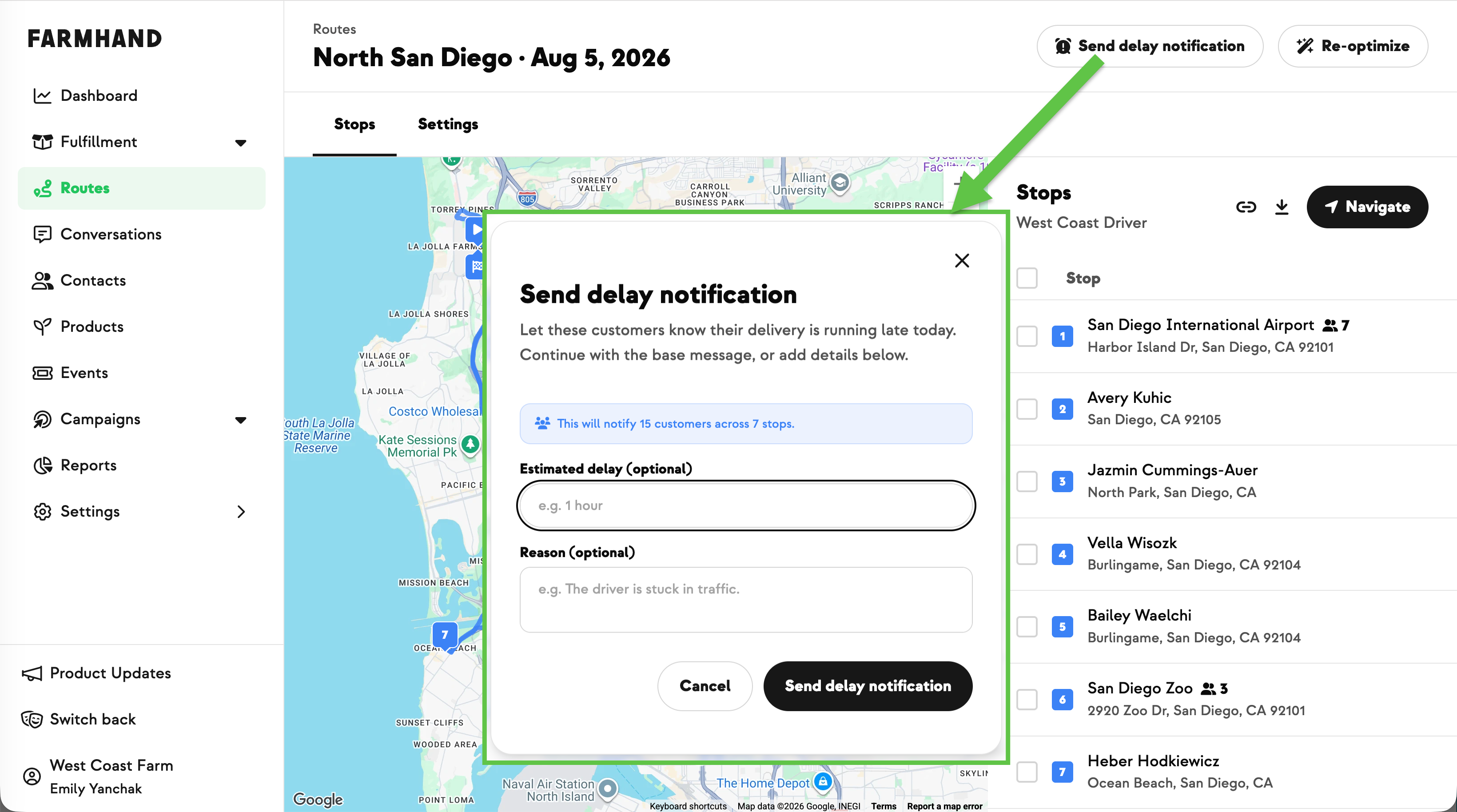 Send delay notification dialog with optional delay length and reason fields