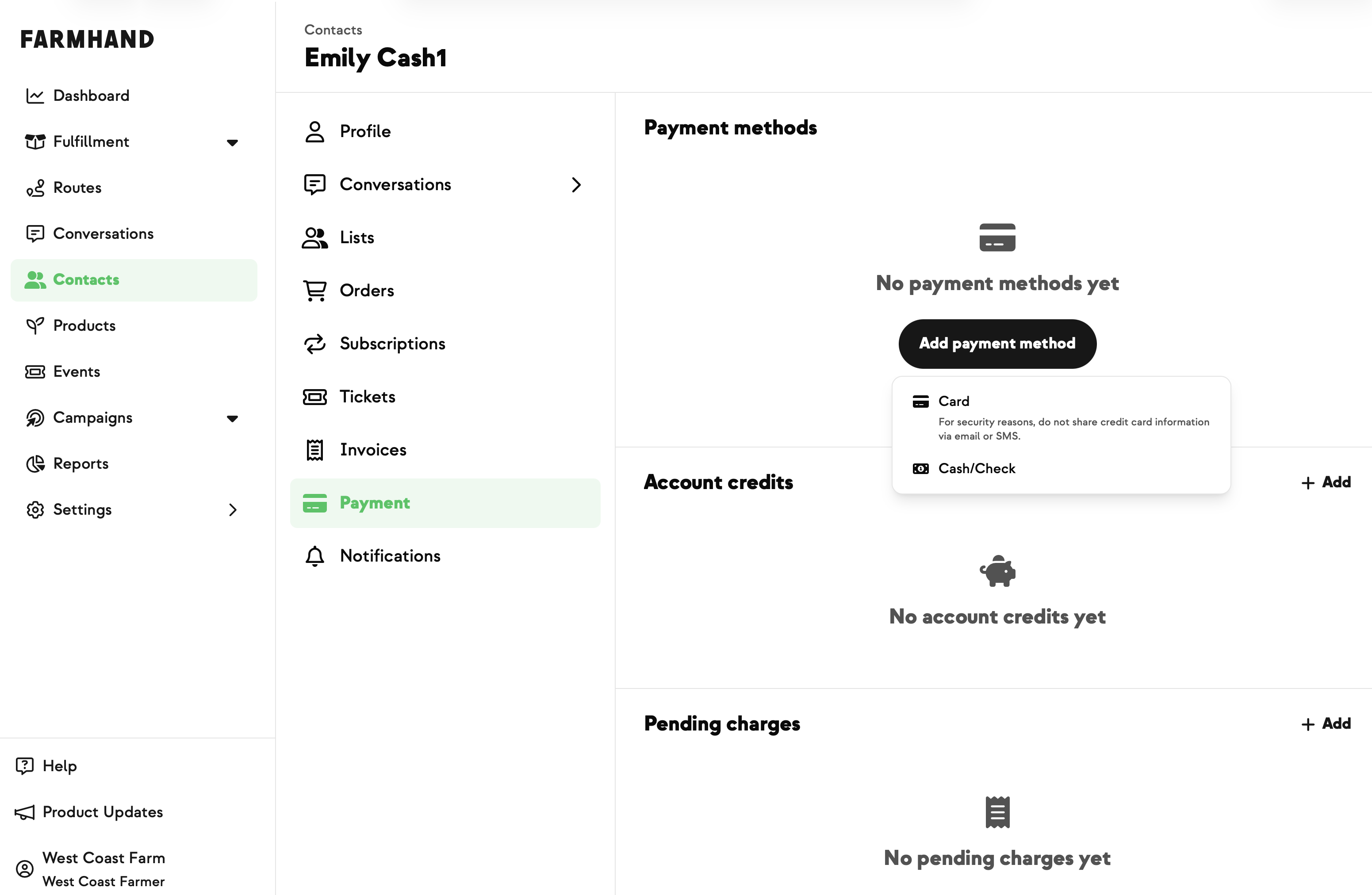 Add payment method dialog on a customer's Payment page with Card and Cash/Check options