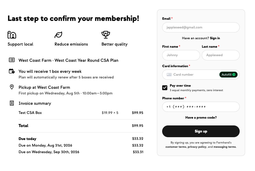 CSA signup checkout showing total due today and the full schedule of monthly installment due dates