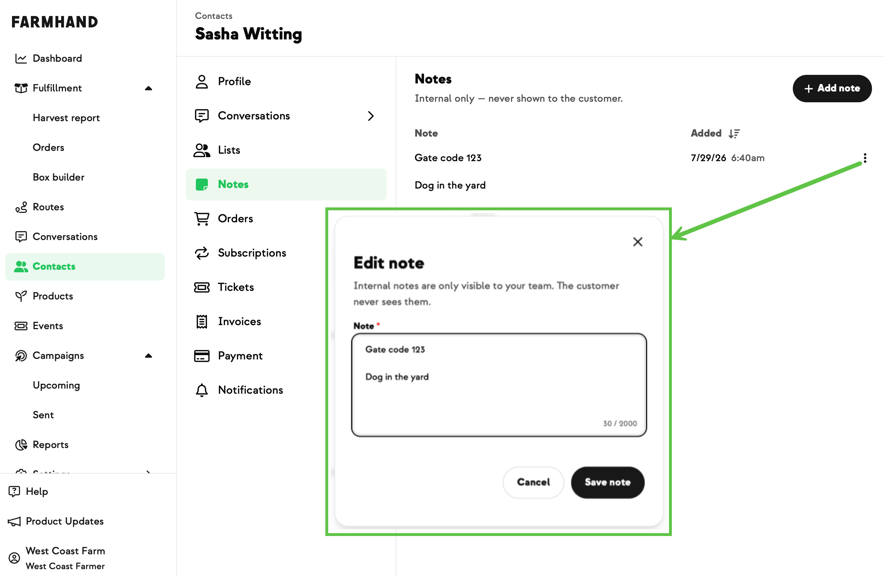 Notes tab on a member's Contact page with staff-only internal notes
