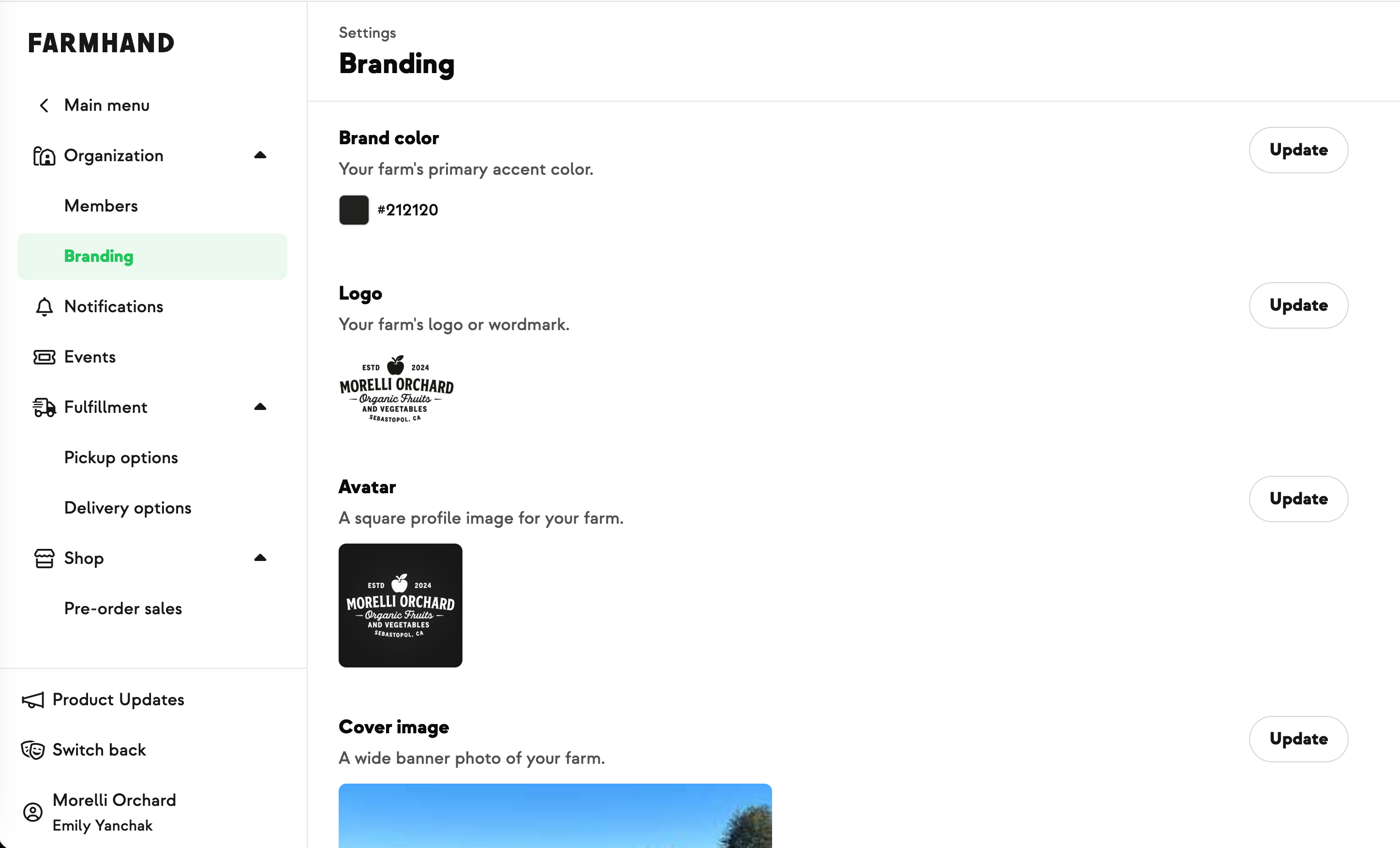 Branding settings page with brand color, logo, avatar, cover, and social preview editors