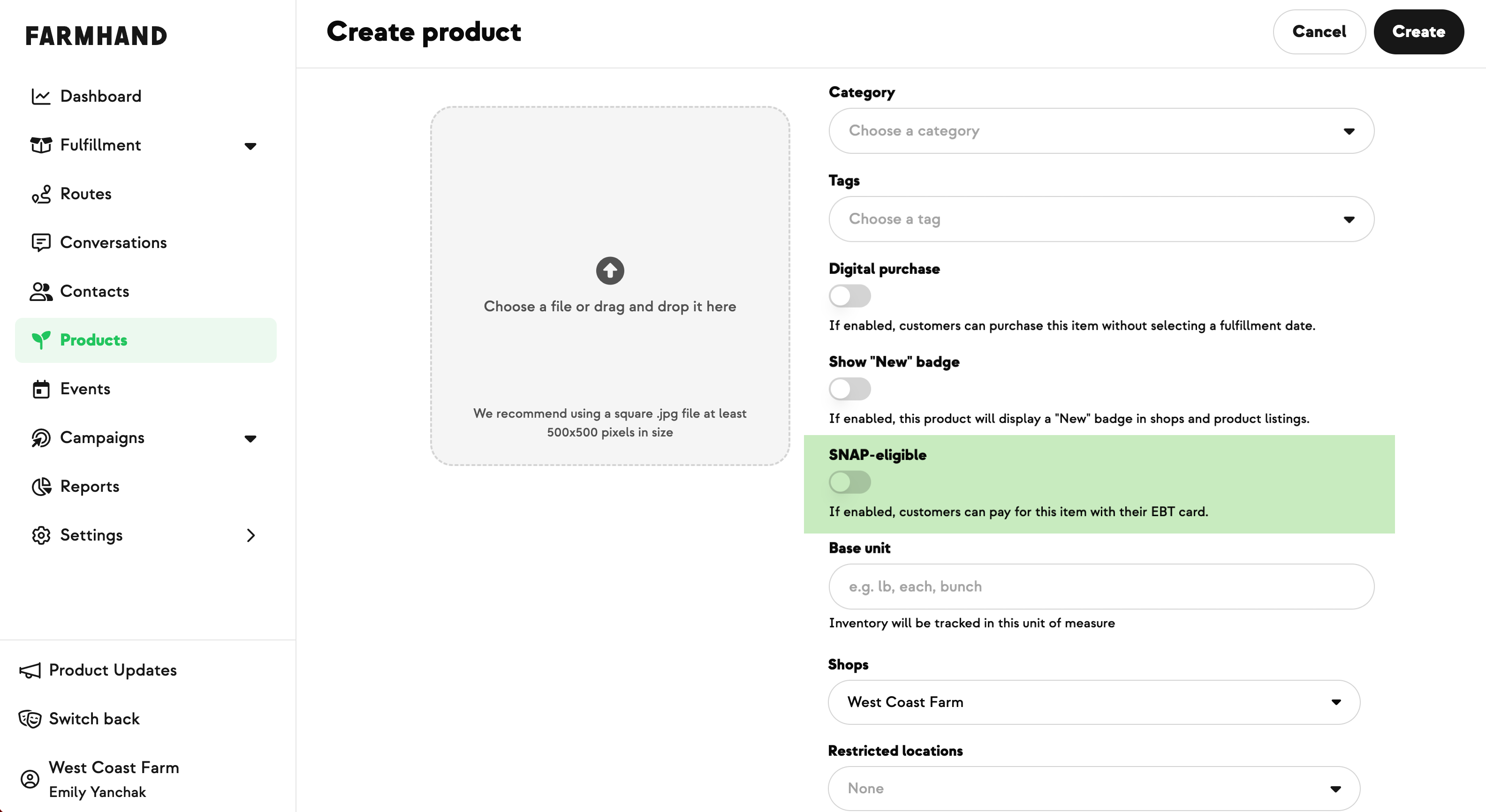 SNAP-eligible toggle on the product edit form