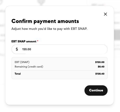 Split-tender checkout with EBT covering the eligible amount and a card covering the rest
