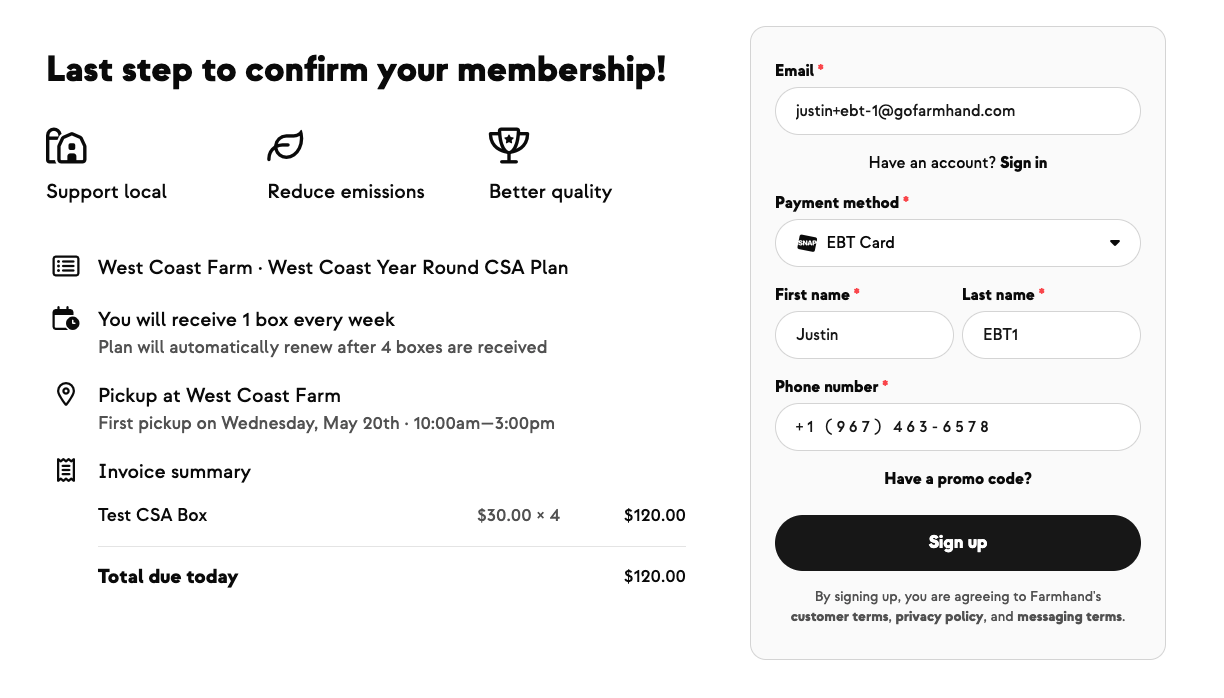 EBT SNAP shown as a payment method at CSA sign-up checkout