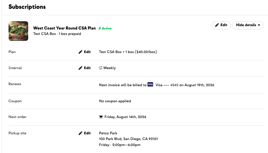 Member subscription details with inline Edit links on the Plan, Interval, and Pickup rows