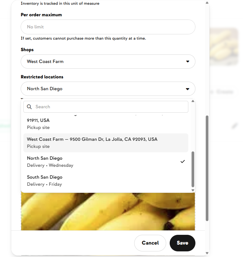 Restricted locations section of the product editor with delivery options listed alongside pickup sites