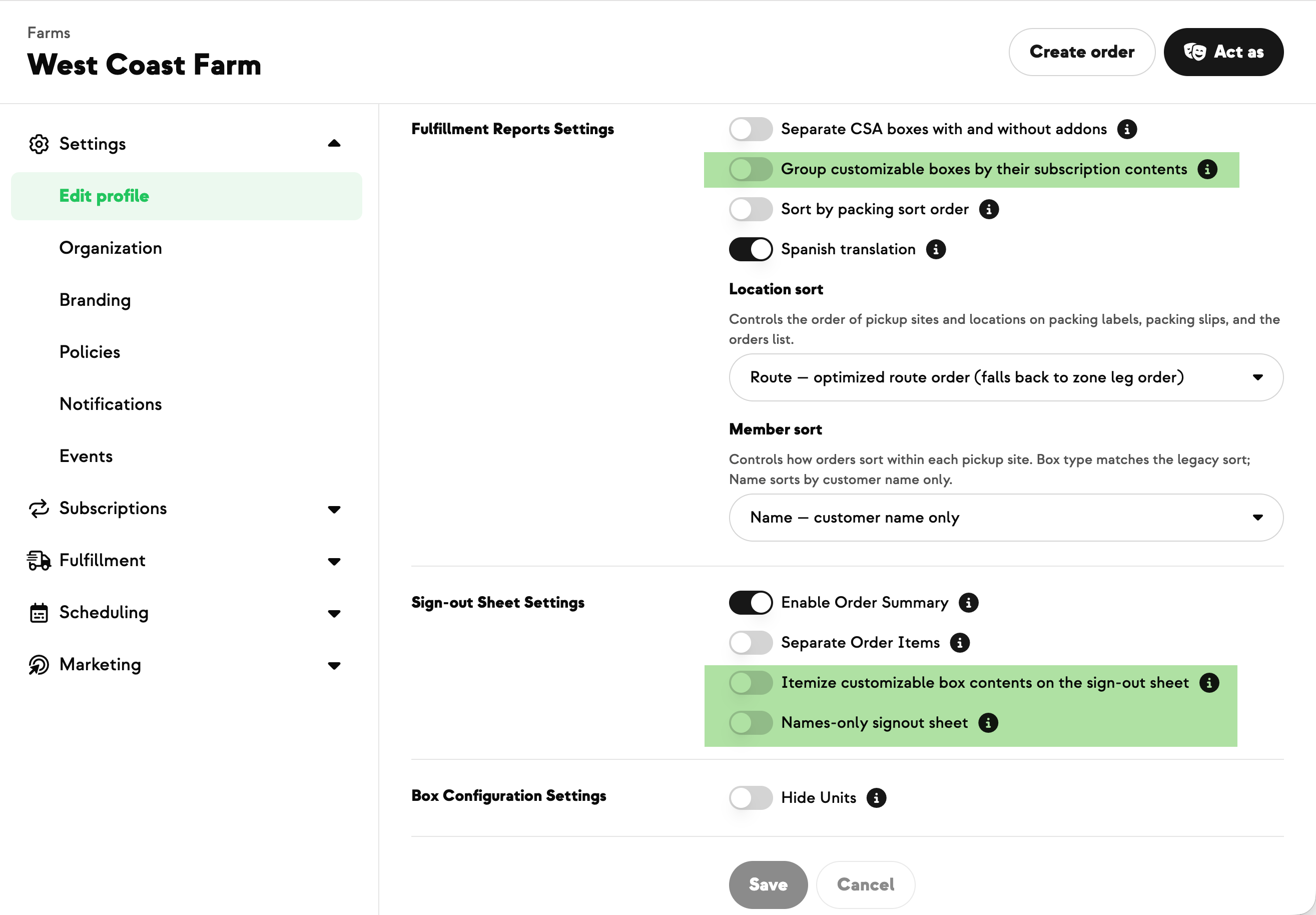 Farm settings showing the three sign-out sheet and harvest report toggles