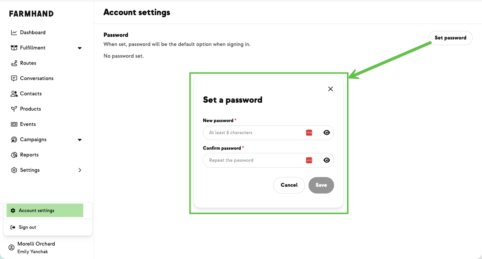 Account page in the farmer dashboard with fields to set and confirm a new password