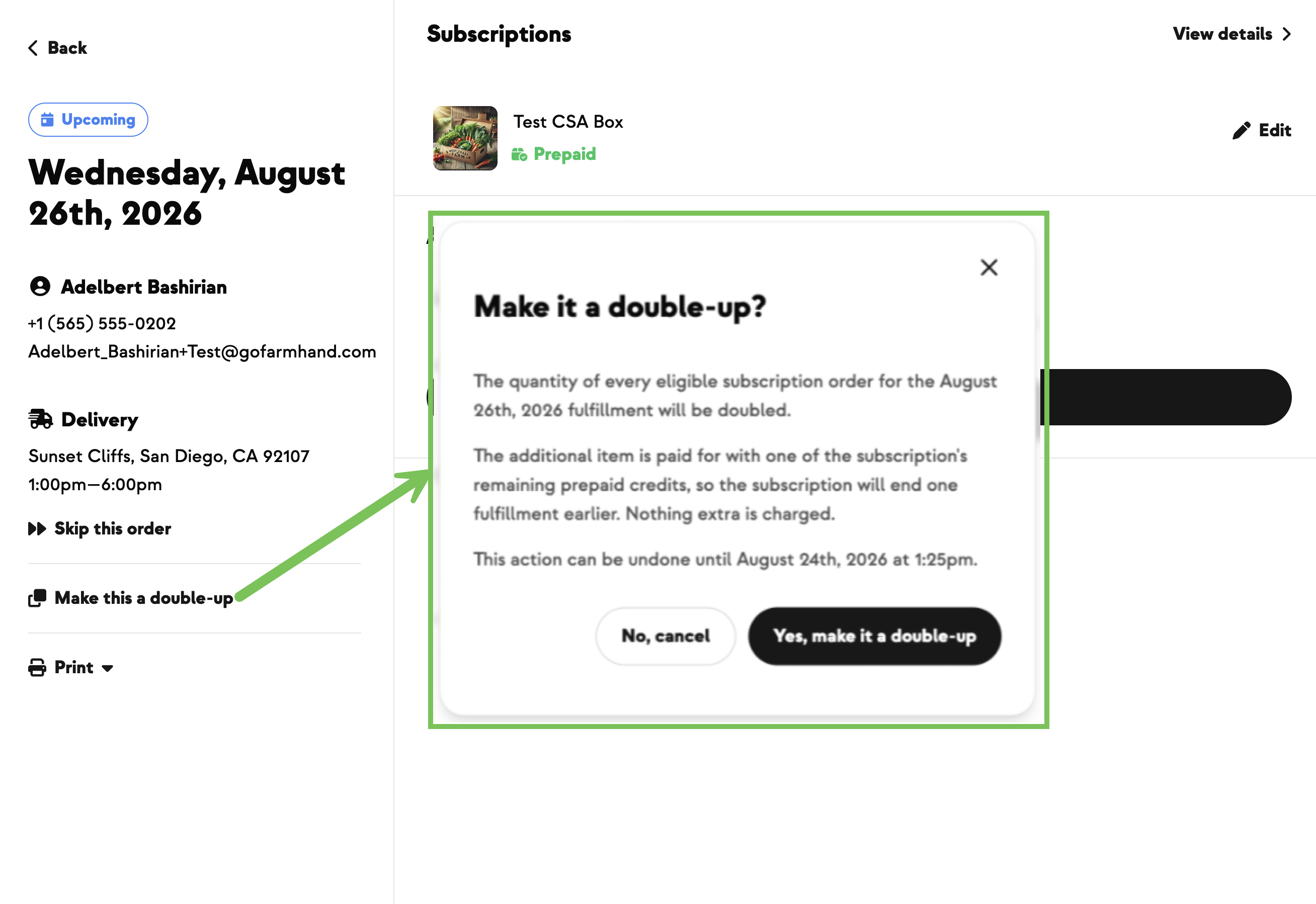 Order Details page with the Make this a double-up action and its confirmation dialog