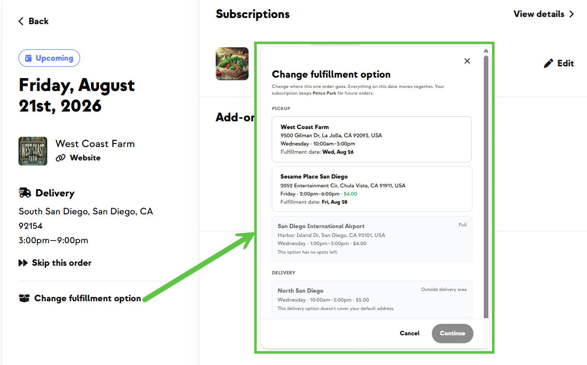 Order Details page with the Change fulfillment option action below Skip this order