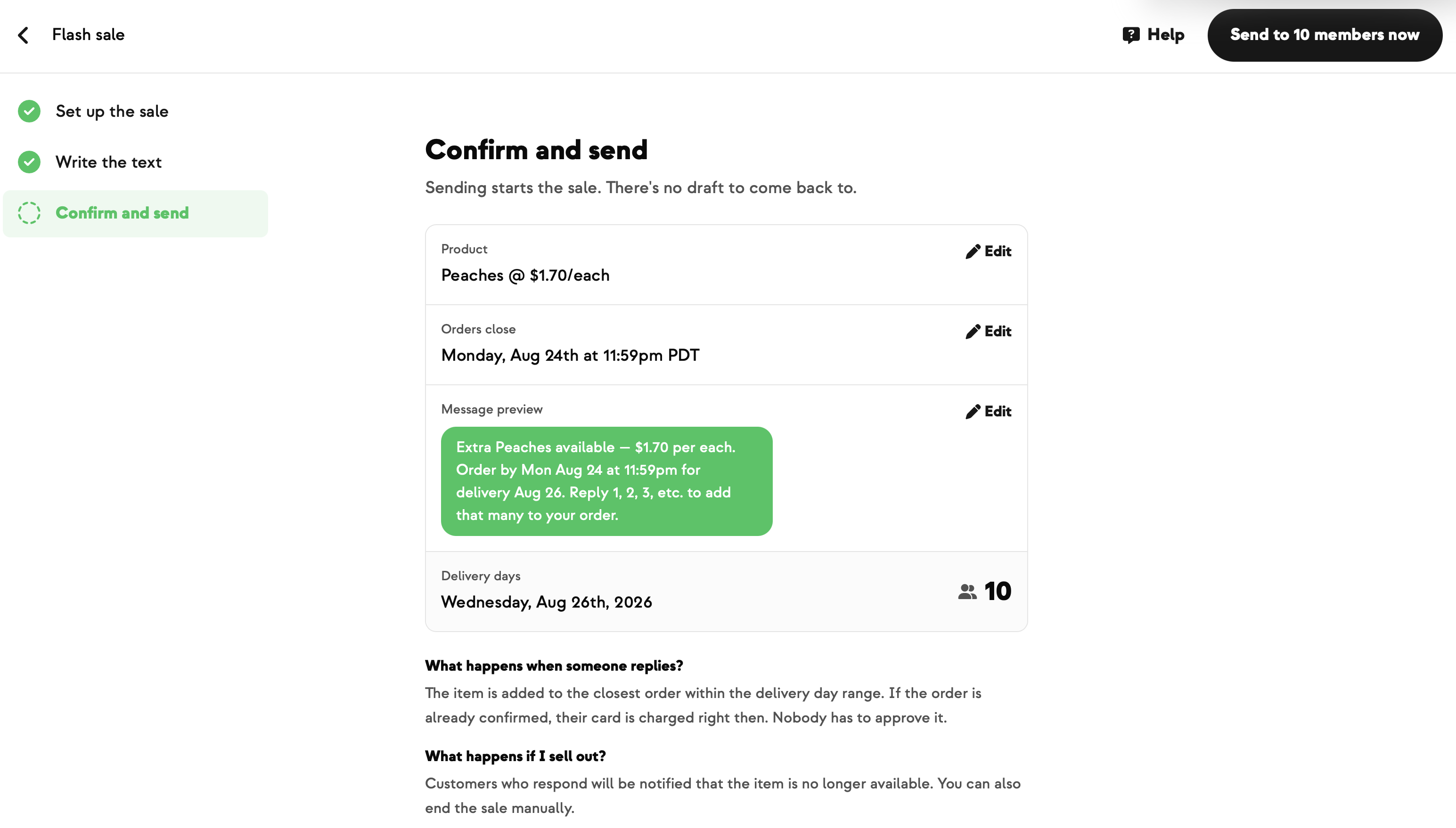 Flash Sale confirm-and-send step showing the product, deadline, message preview, delivery day and recipient count
