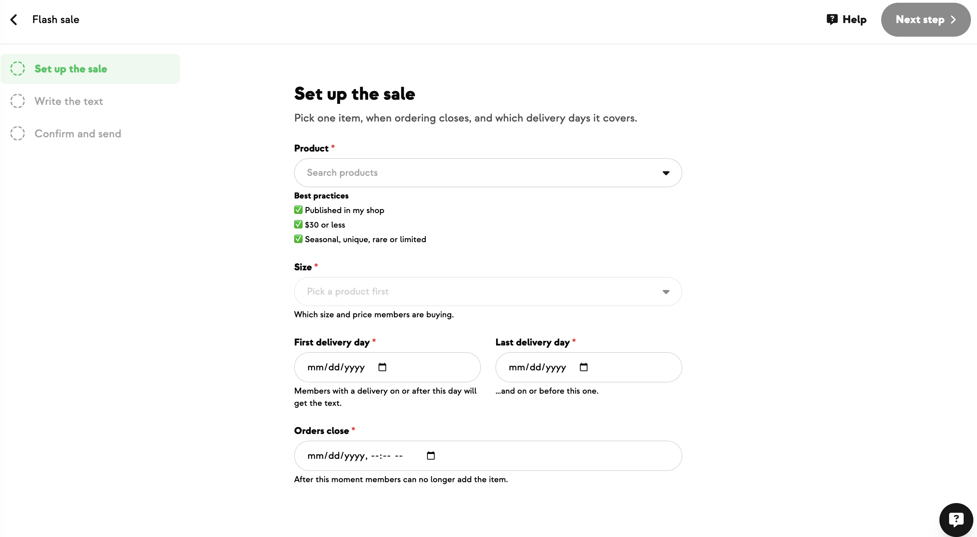 Flash Sale wizard step for choosing the product, deadline, and delivery window